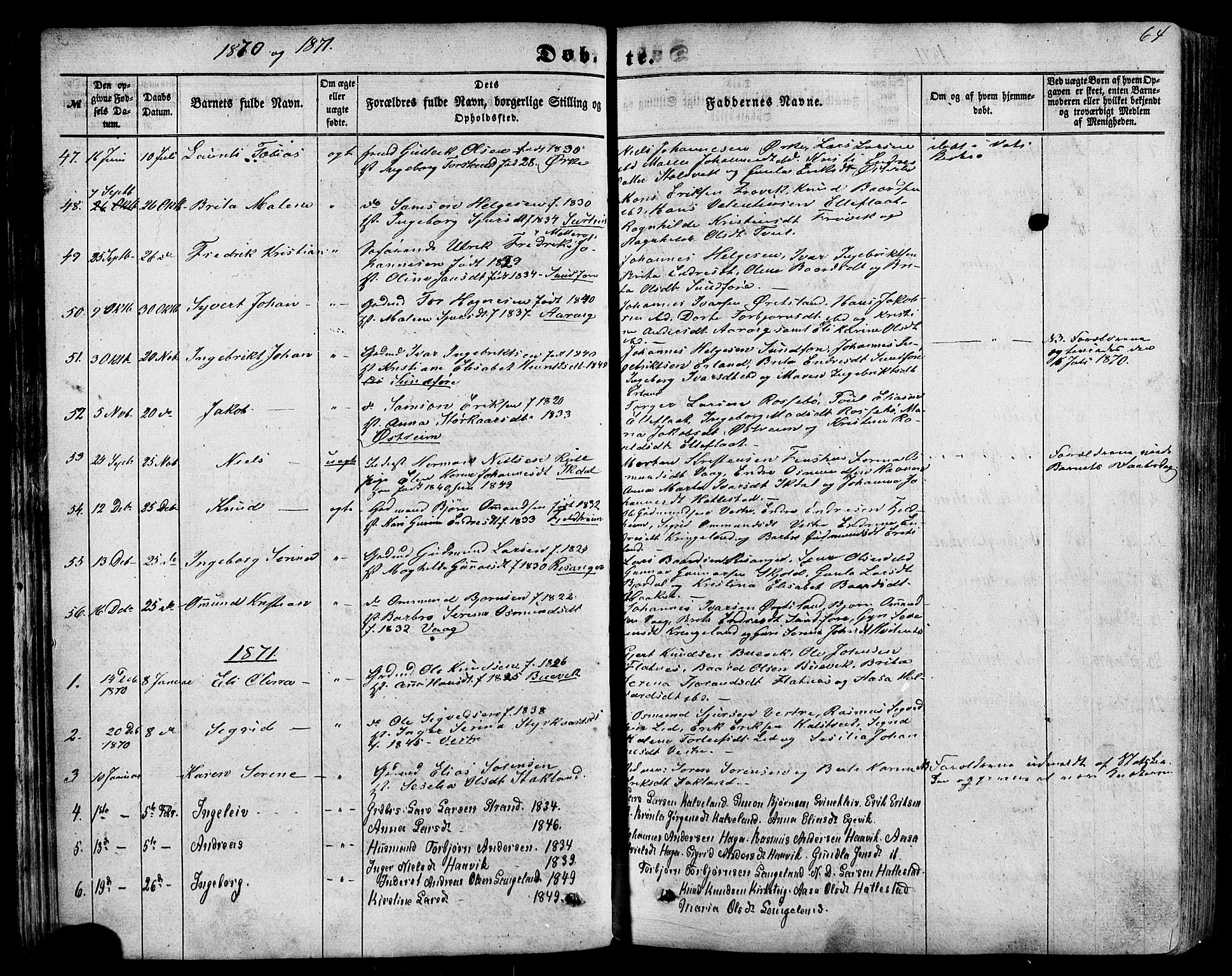 Skjold sokneprestkontor, AV/SAST-A-101847/H/Ha/Haa/L0008: Parish register (official) no. A 8, 1856-1882, p. 64