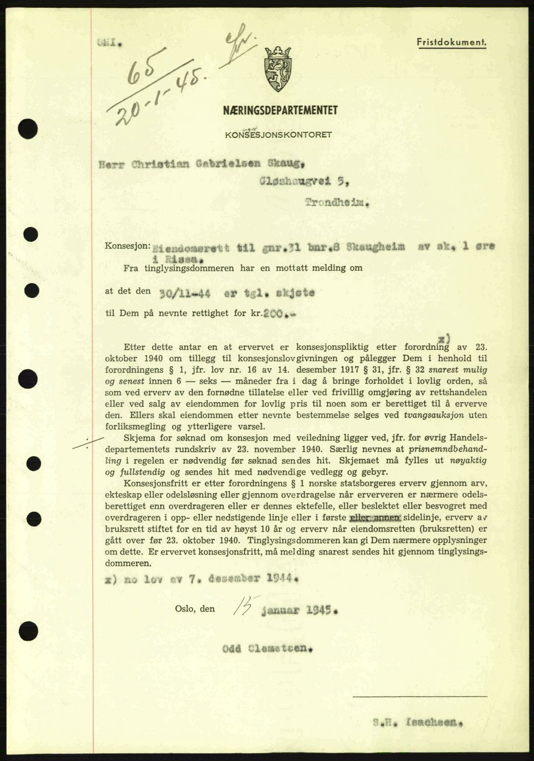 Fosen sorenskriveri, AV/SAT-A-1107/1/2/2C: Mortgage book no. B1, 1943-1945, Diary no: : 65/1945