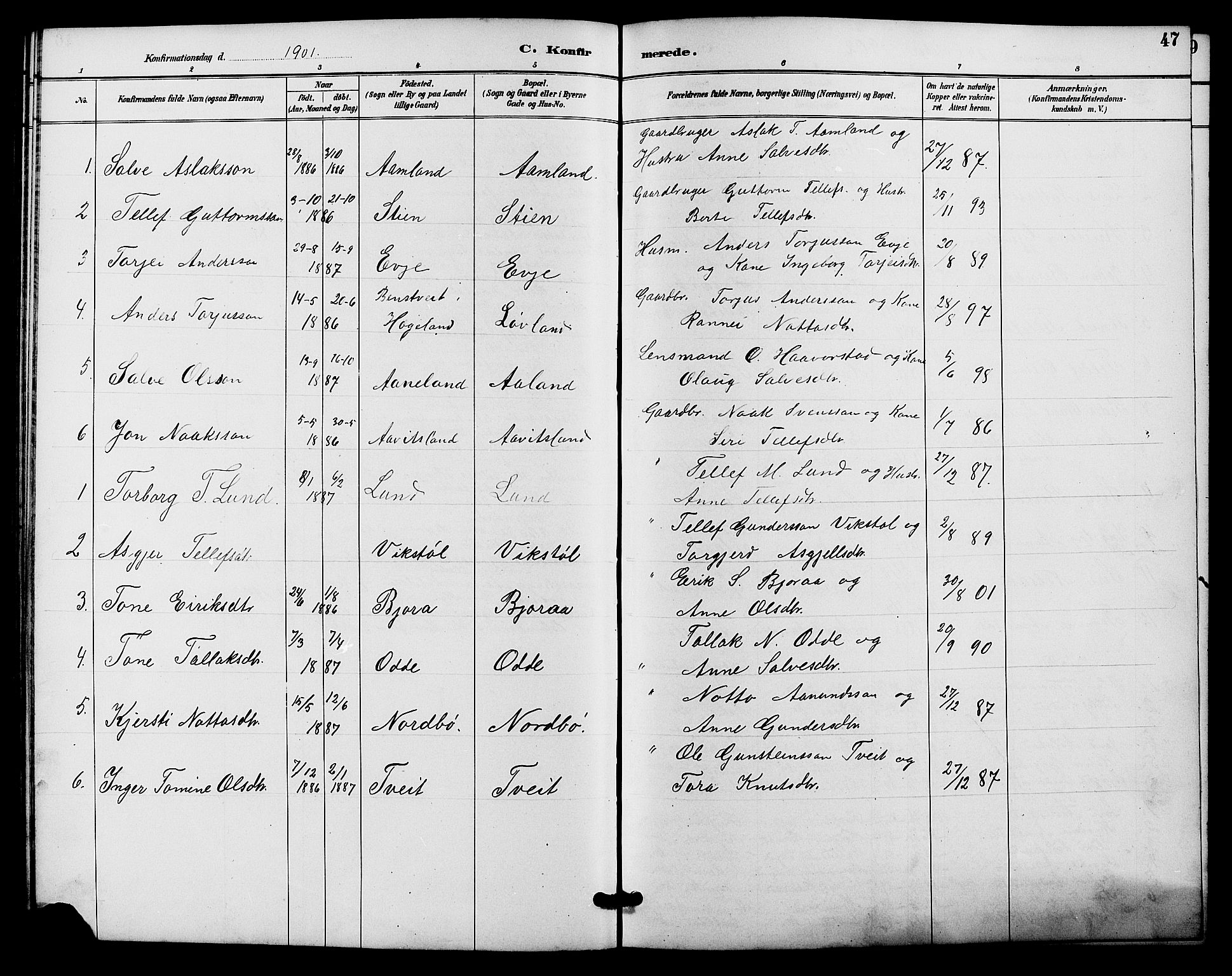 Evje sokneprestkontor, AV/SAK-1111-0008/F/Fb/Fba/L0003: Parish register (copy) no. B 3, 1888-1903, p. 47