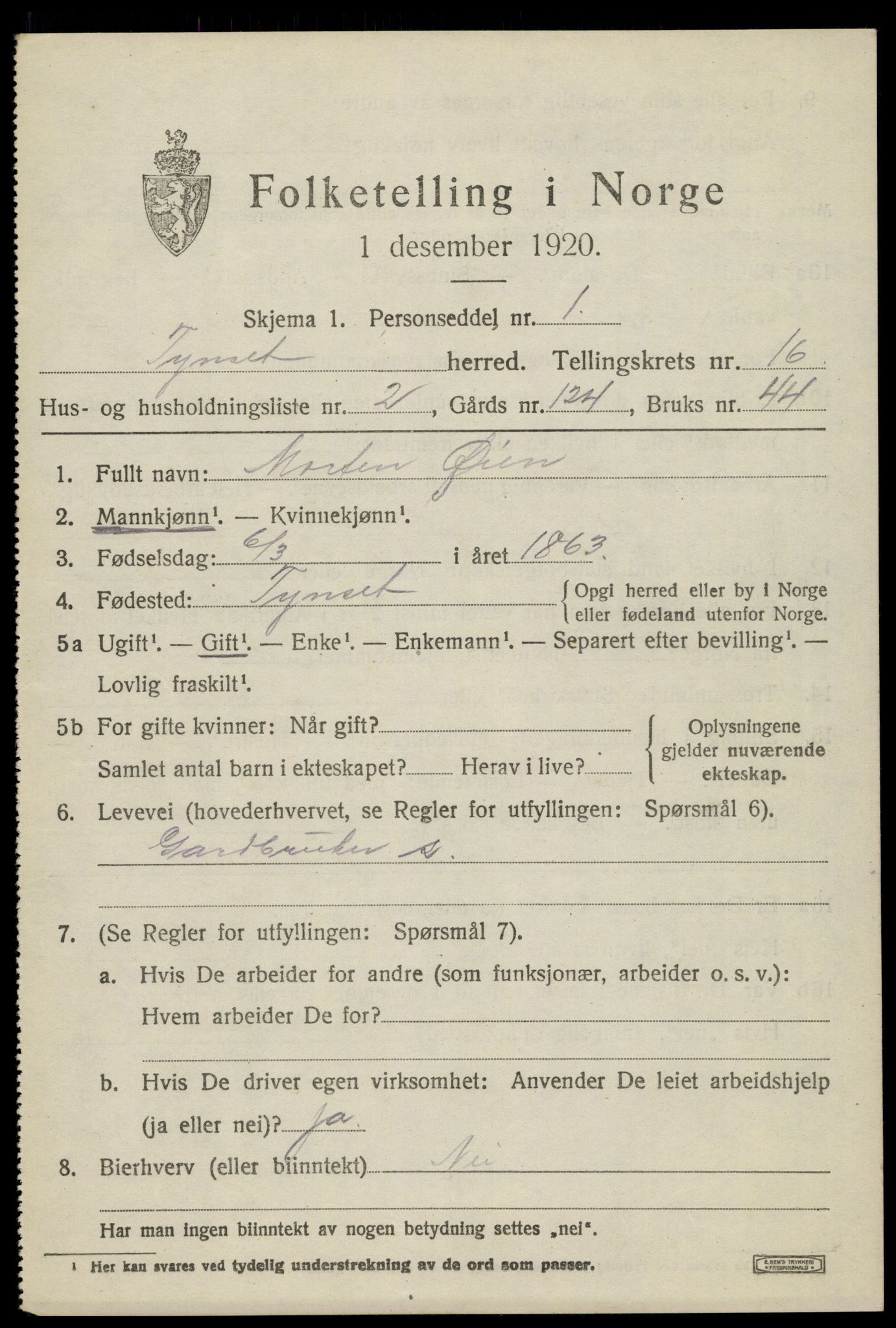 SAH, 1920 census for Tynset, 1920, p. 9676