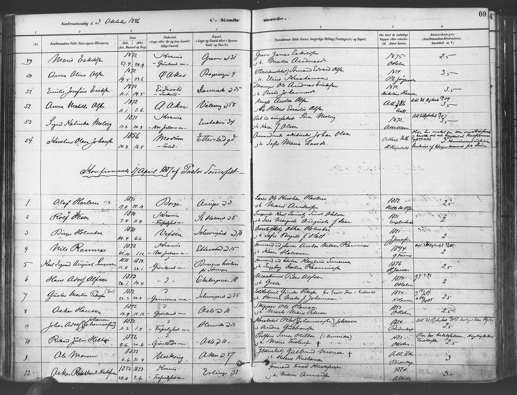 Gamlebyen prestekontor Kirkebøker, SAO/A-10884/F/Fa/L0006: Parish register (official) no. 6, 1881-1890, p. 69