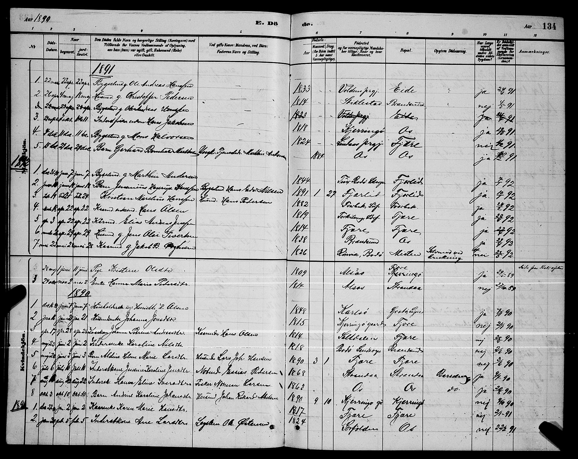 Ministerialprotokoller, klokkerbøker og fødselsregistre - Nordland, AV/SAT-A-1459/803/L0076: Parish register (copy) no. 803C03, 1882-1897, p. 134