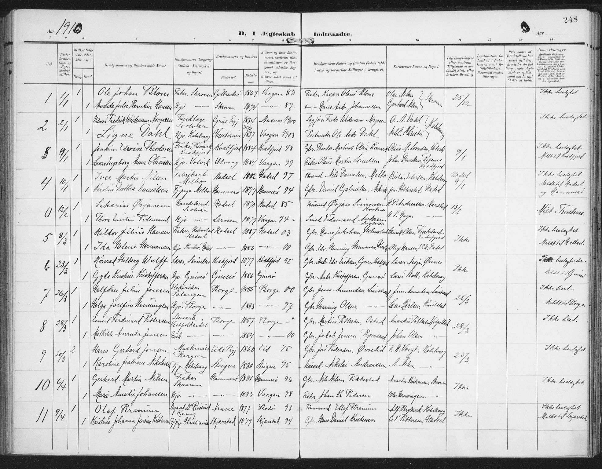 Ministerialprotokoller, klokkerbøker og fødselsregistre - Nordland, SAT/A-1459/874/L1063: Parish register (official) no. 874A07, 1907-1915, p. 248