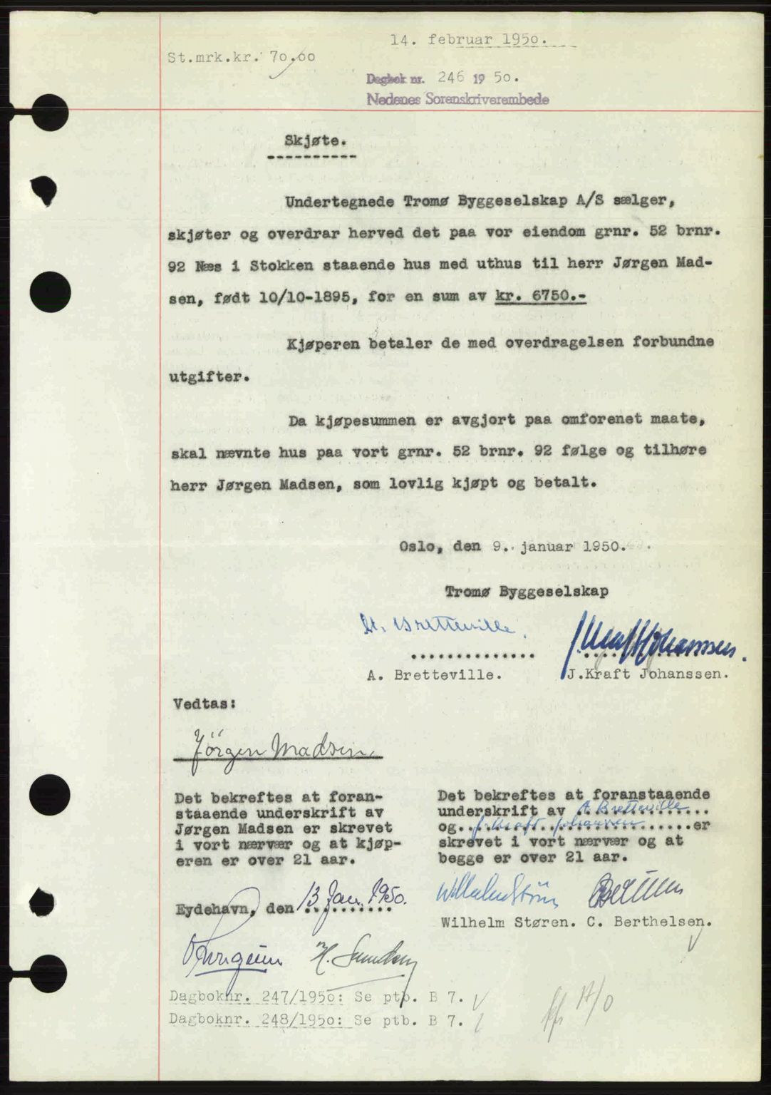 Nedenes sorenskriveri, AV/SAK-1221-0006/G/Gb/Gba/L0062: Mortgage book no. A14, 1949-1950, Diary no: : 246/1950