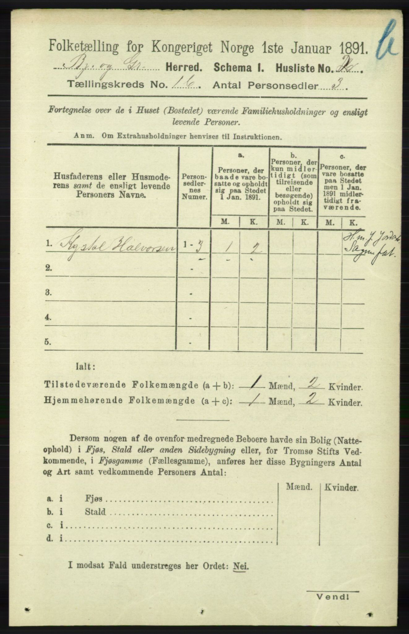 RA, 1891 census for 1024 Bjelland og Grindheim, 1891, p. 715