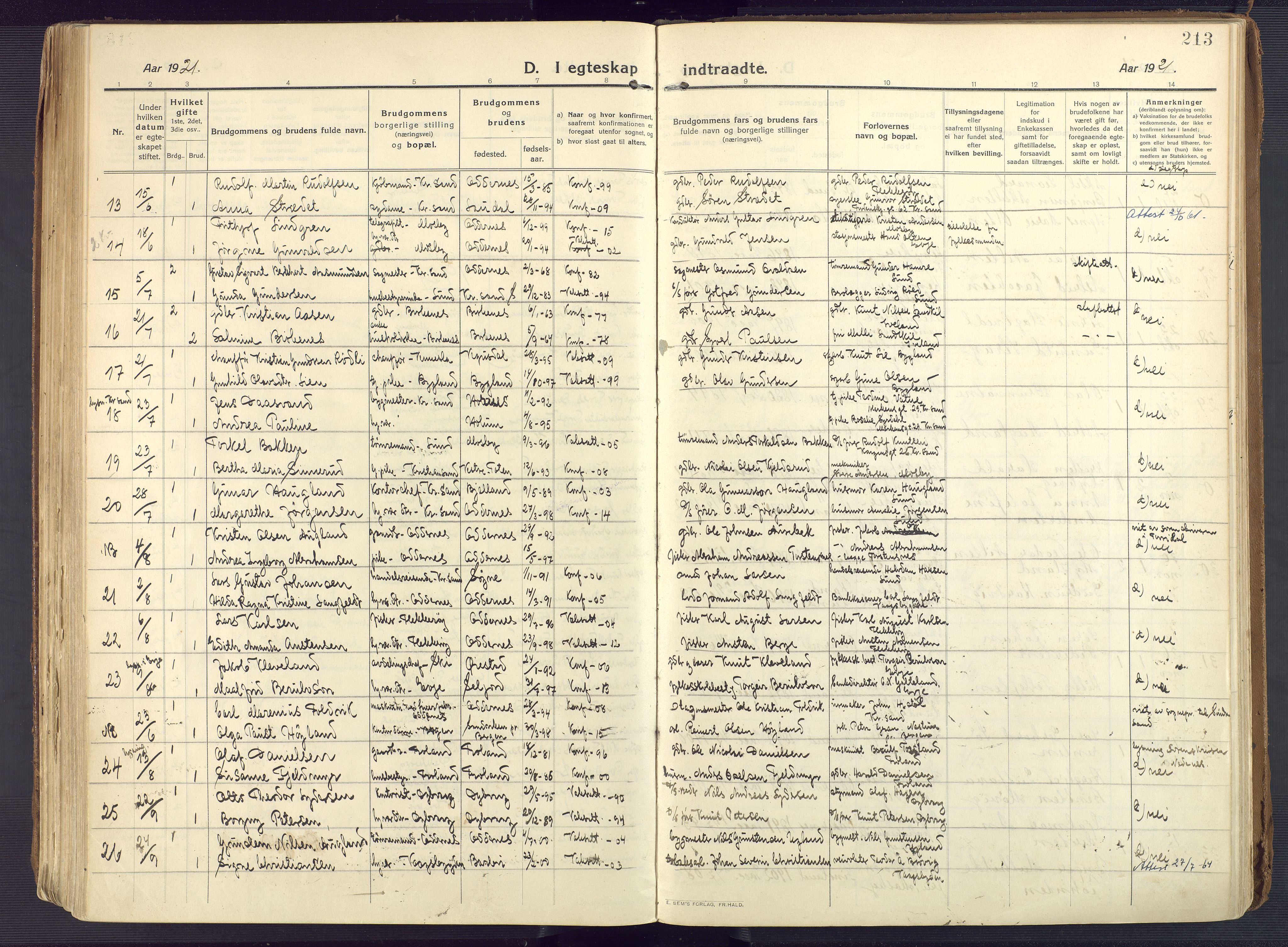 Oddernes sokneprestkontor, AV/SAK-1111-0033/F/Fa/Faa/L0012: Parish register (official) no. A 12, 1912-1925, p. 213