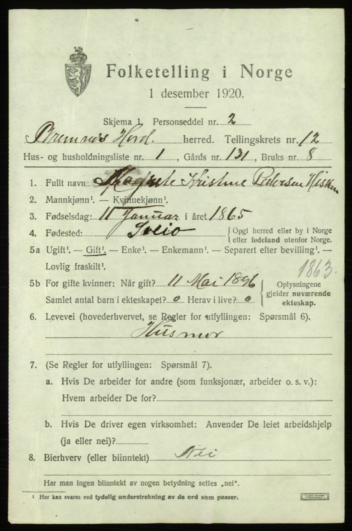 SAB, 1920 census for Bremnes, 1920, p. 7586