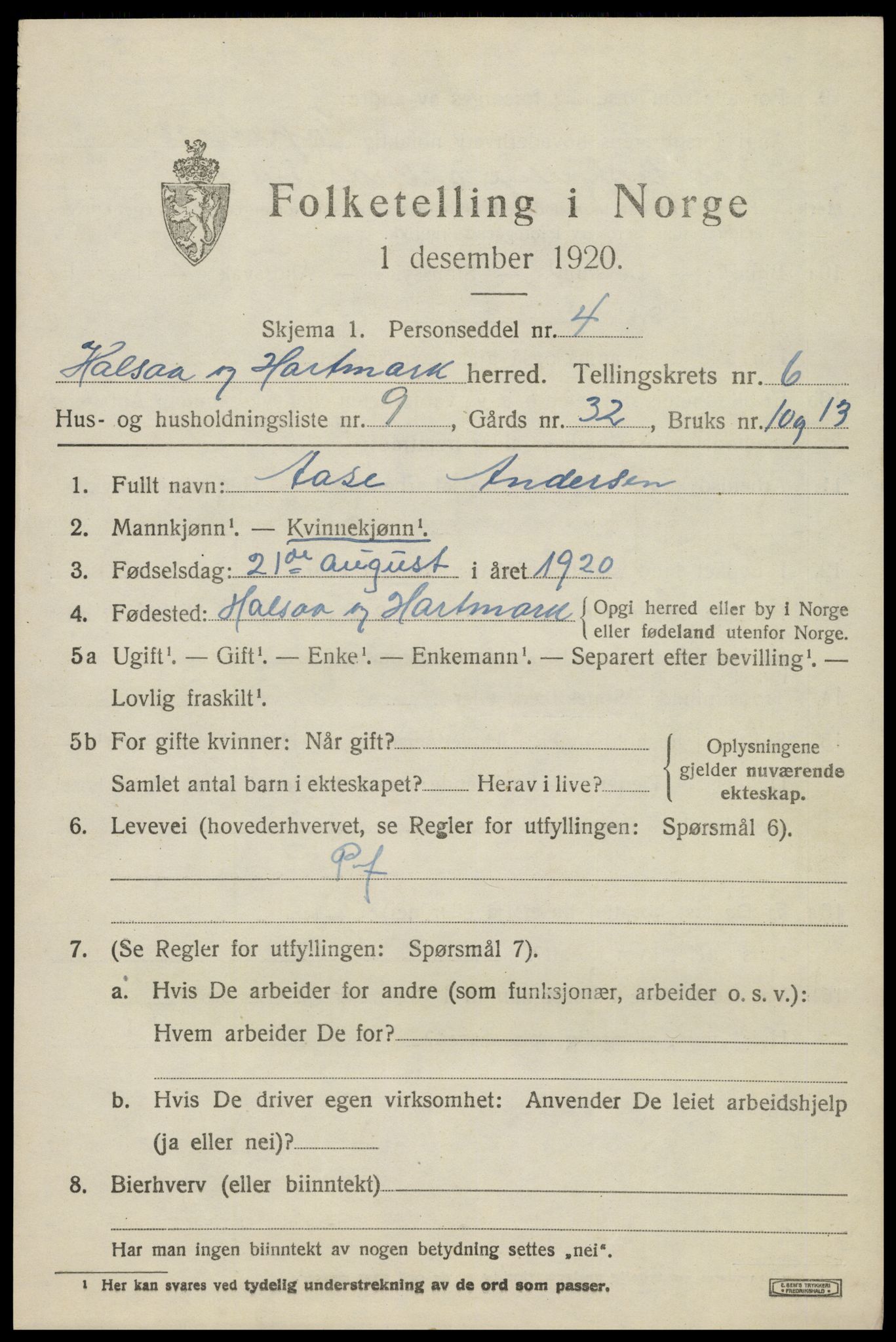 SAK, 1920 census for Halse og Harkmark, 1920, p. 3490