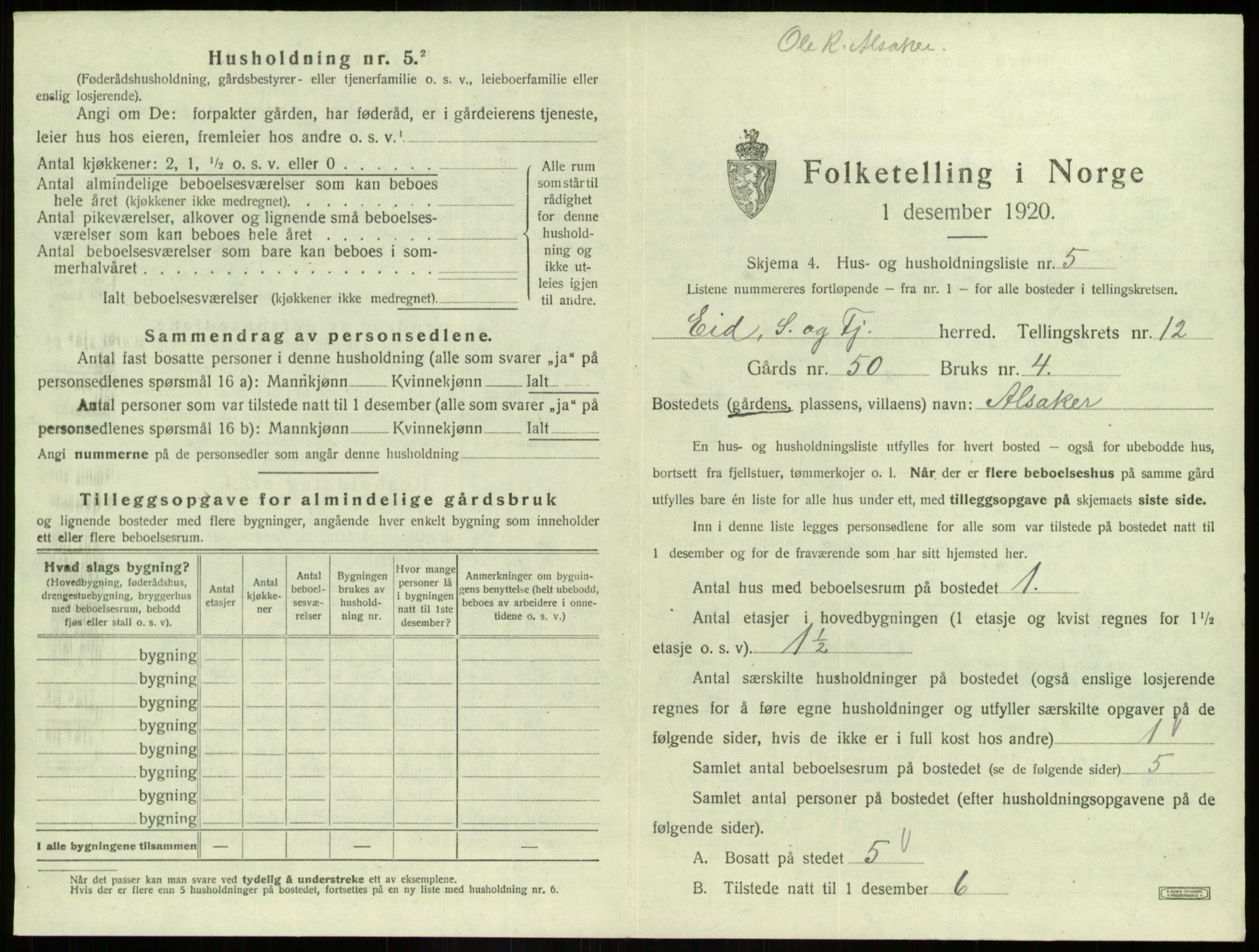 SAB, 1920 census for Eid, 1920, p. 1008