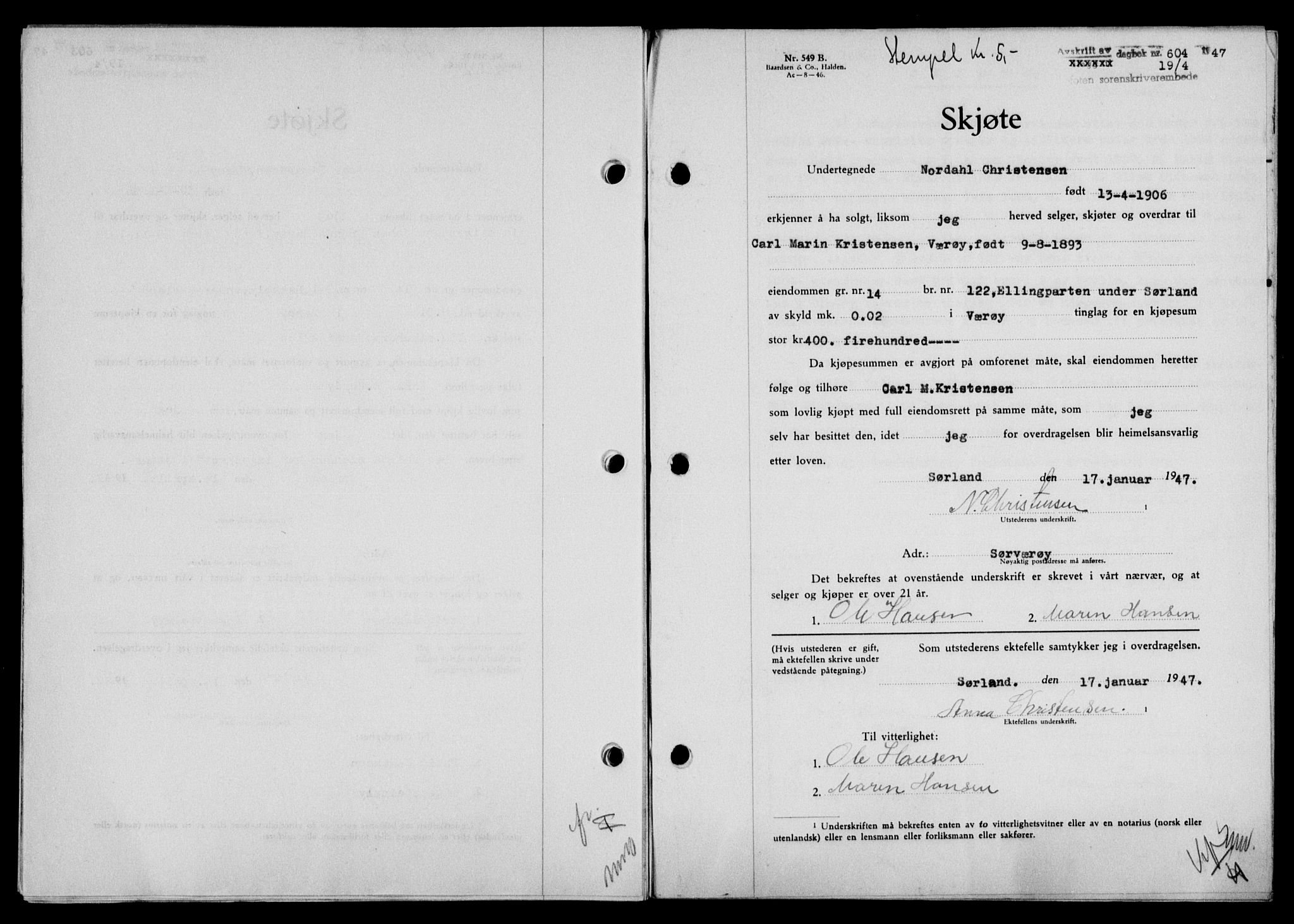 Lofoten sorenskriveri, SAT/A-0017/1/2/2C/L0015a: Mortgage book no. 15a, 1946-1947, Diary no: : 604/1947