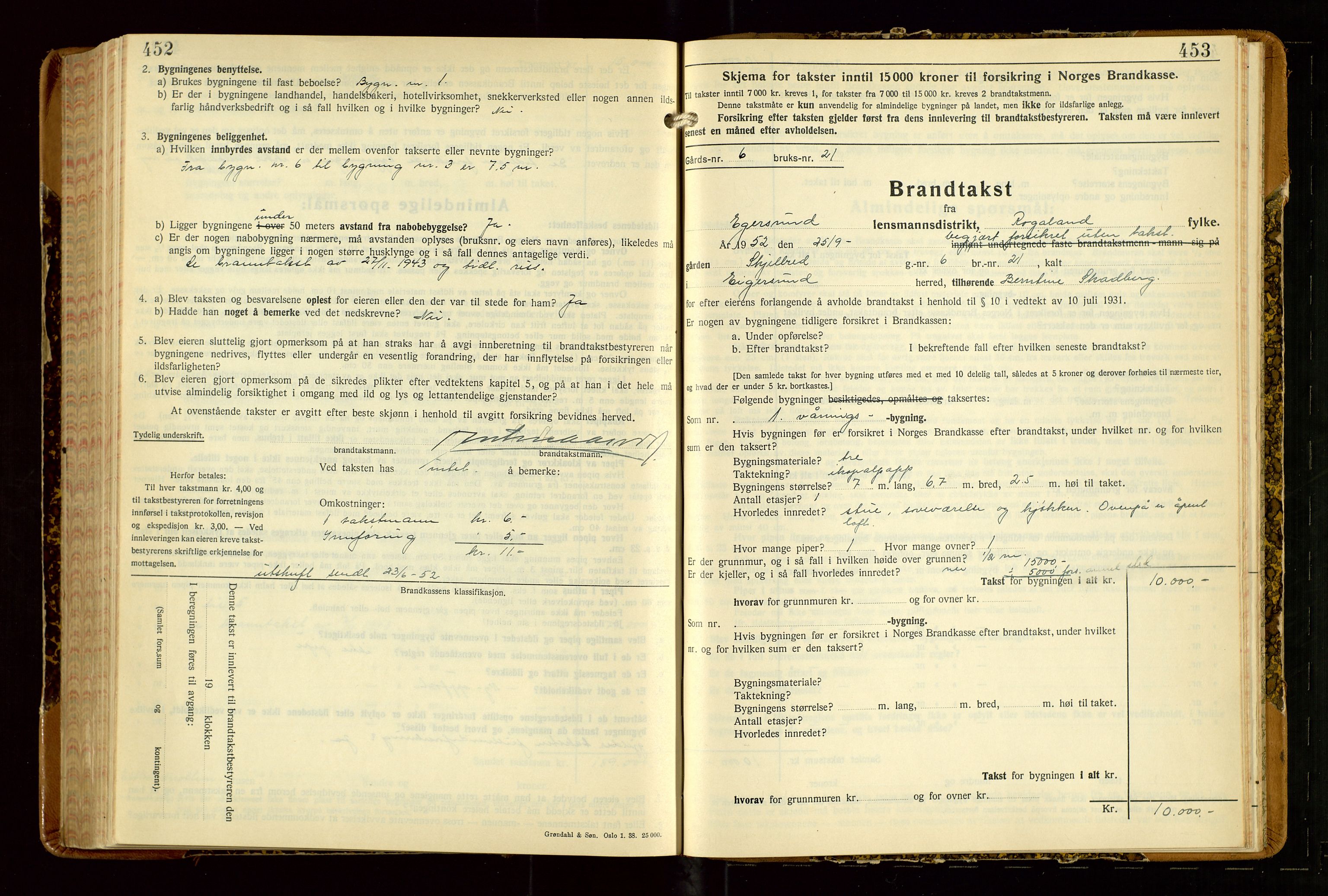 Eigersund lensmannskontor, AV/SAST-A-100171/Gob/L0007: "Brandtakstprotokoll", 1938-1955, p. 452-453