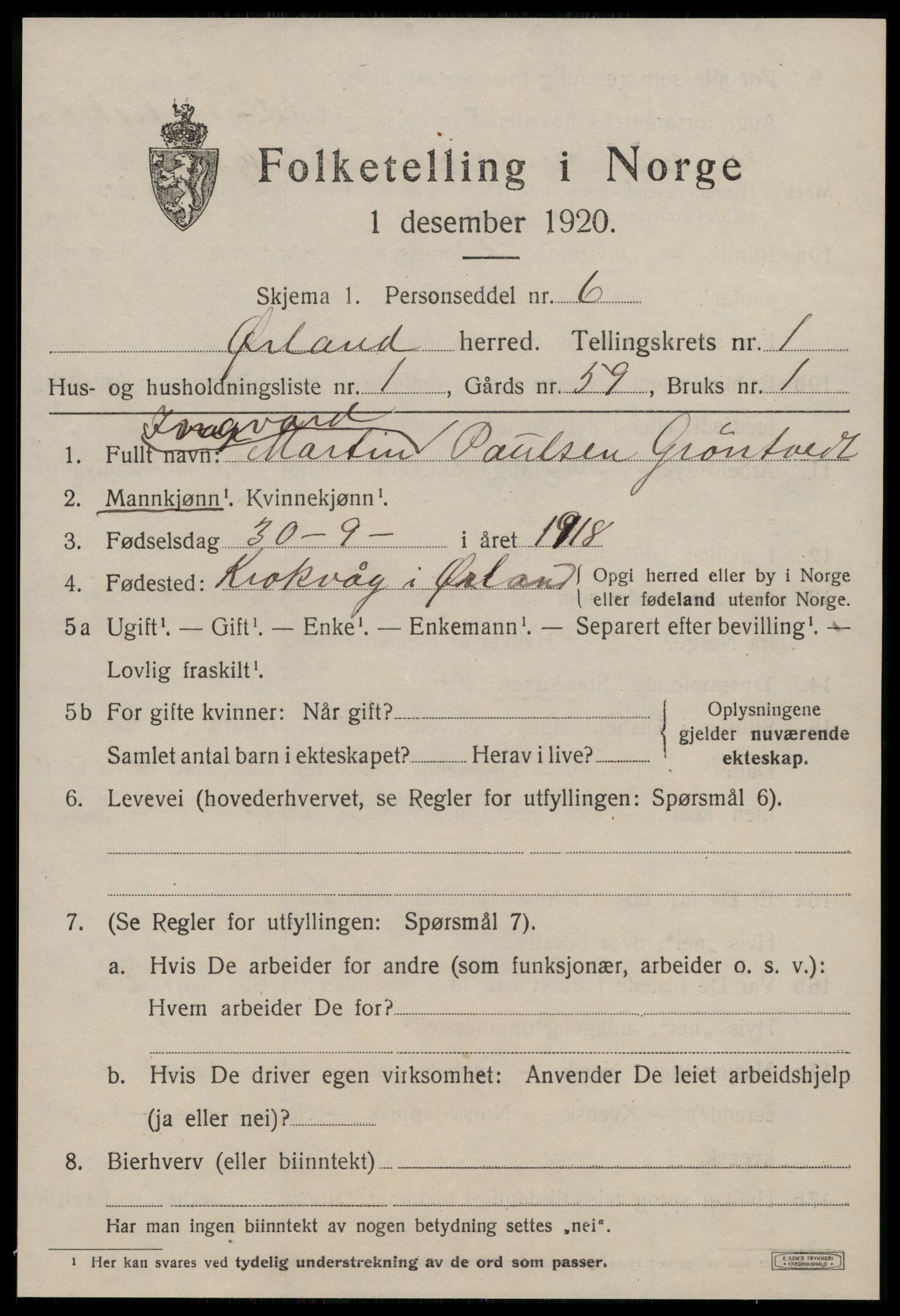 SAT, 1920 census for Ørland, 1920, p. 1353