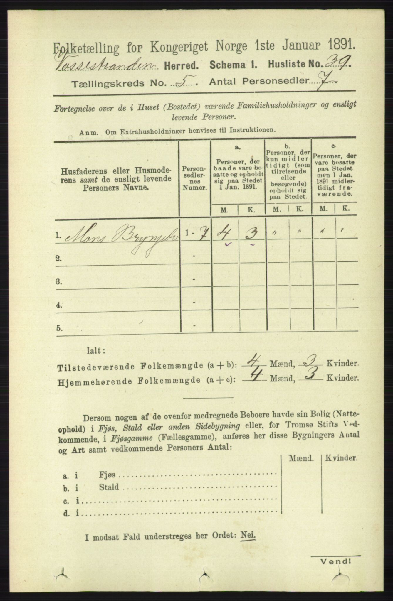 RA, 1891 census for 1236 Vossestrand, 1891, p. 1889