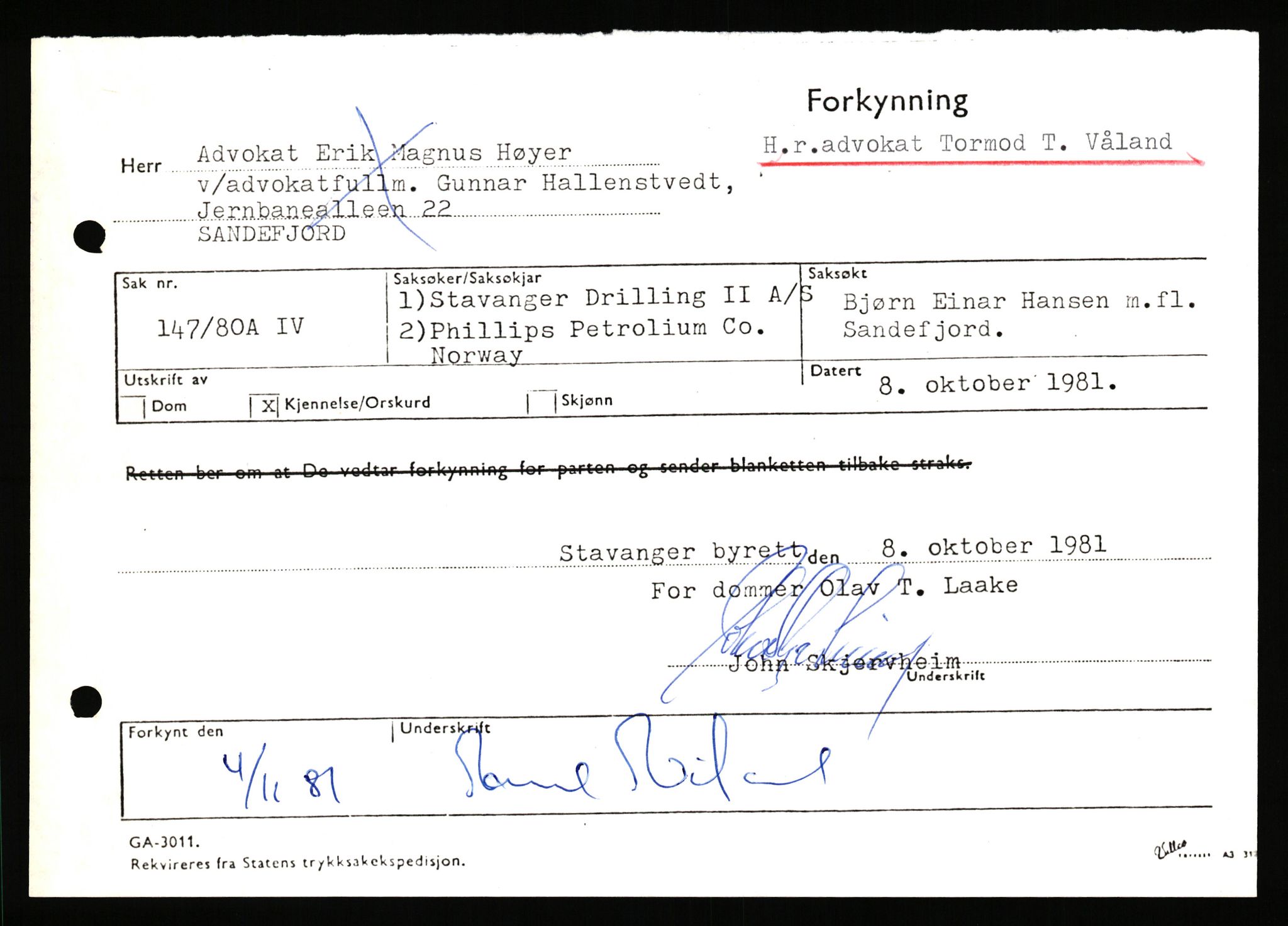 Stavanger byrett, SAST/A-100455/003/F/Fh/Fhb/L0039e: A IV sak nr 147, 1980, p. 288