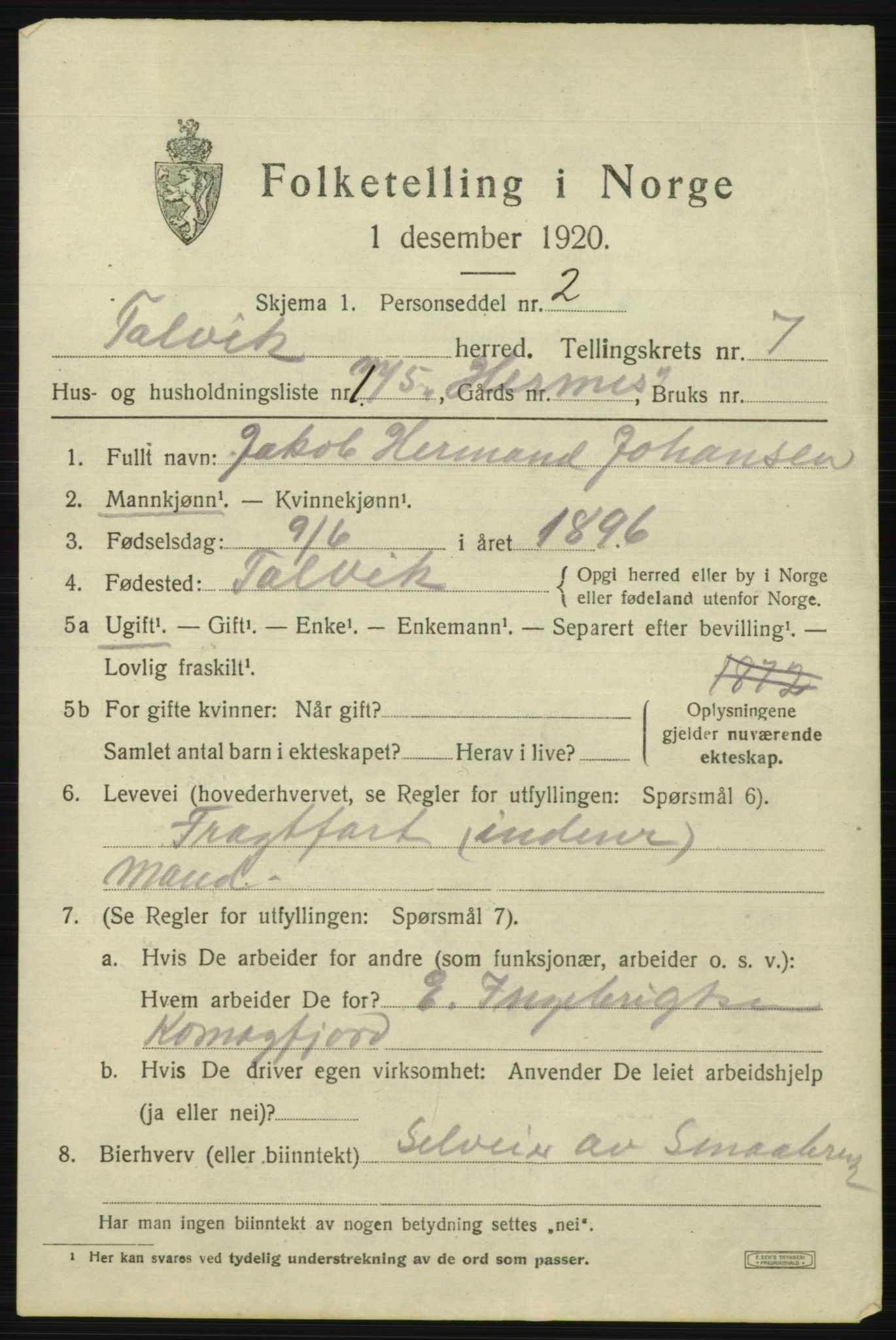 SATØ, 1920 census for Talvik, 1920, p. 4052