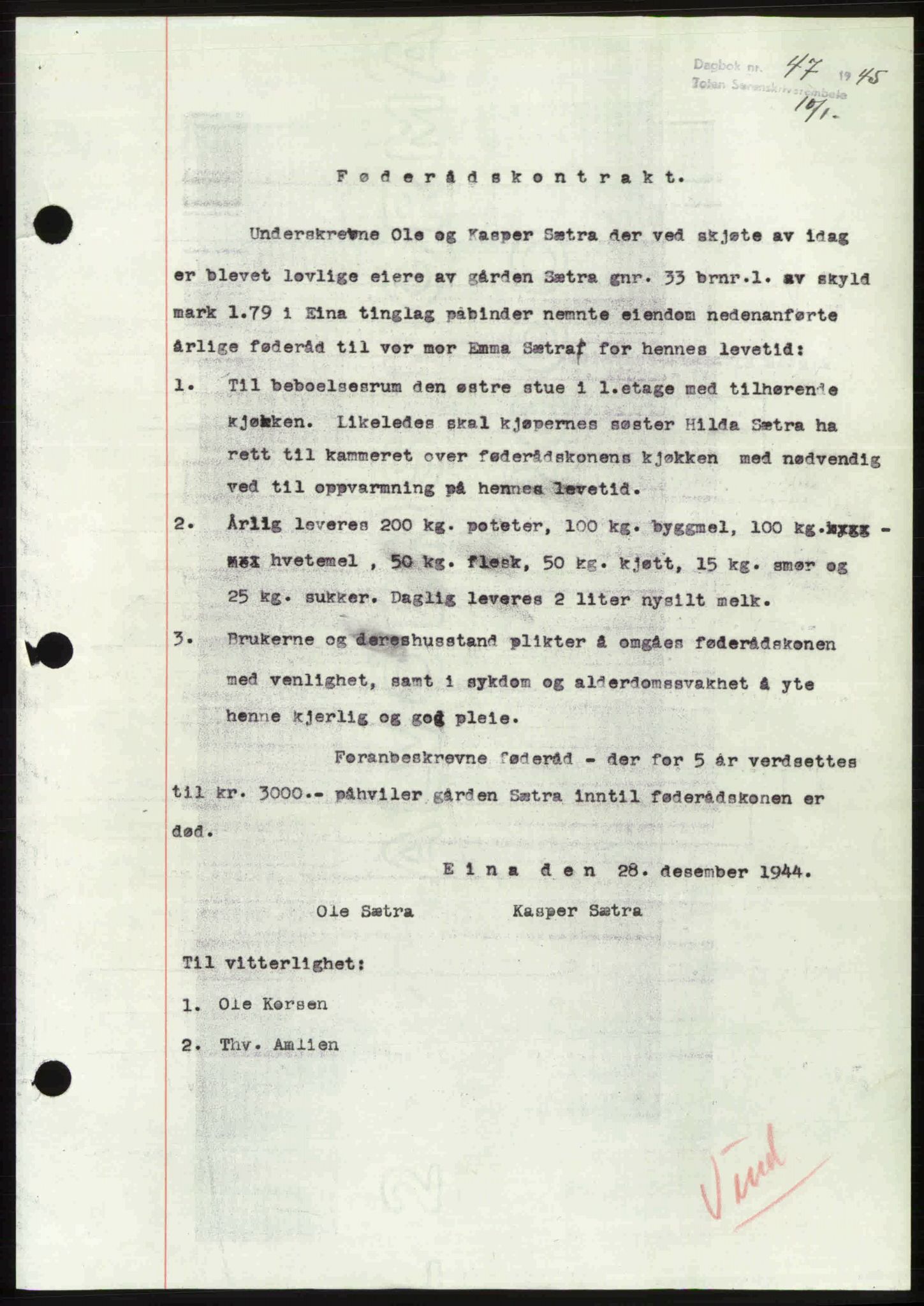 Toten tingrett, SAH/TING-006/H/Hb/Hbc/L0013: Mortgage book no. Hbc-13, 1945-1945, Diary no: : 47/1945