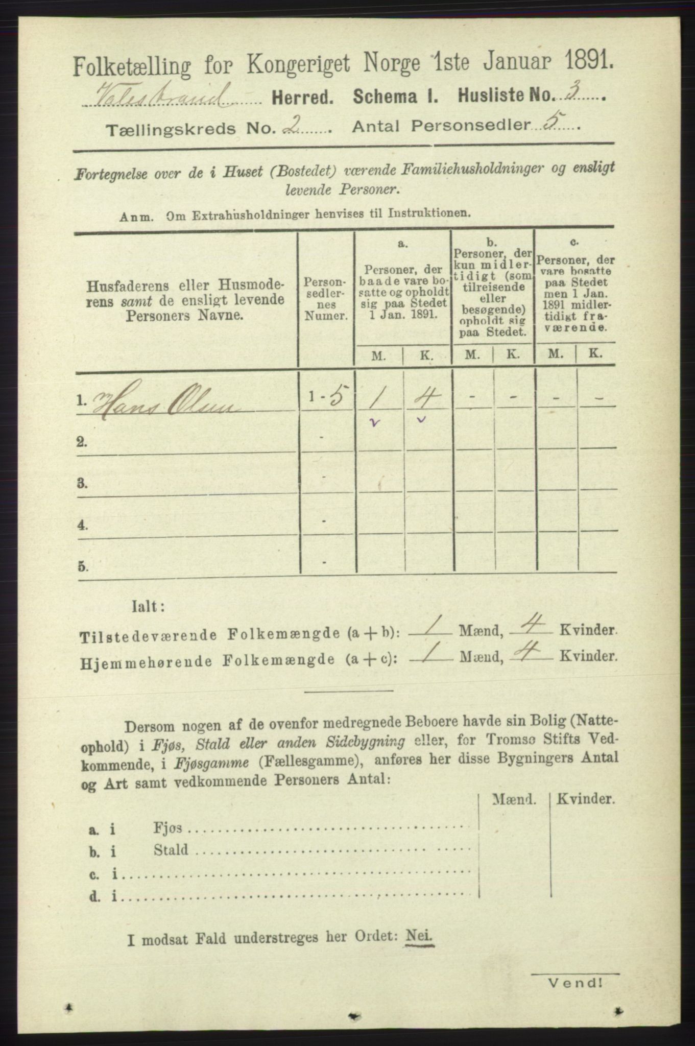 RA, 1891 census for 1217 Valestrand, 1891, p. 262