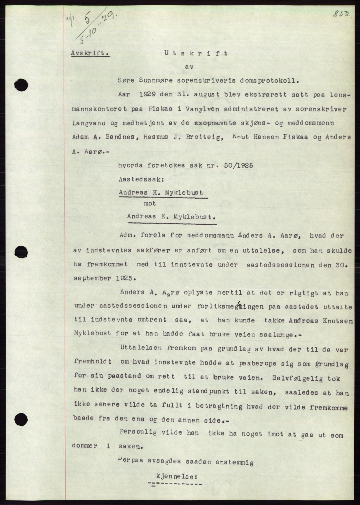 Søre Sunnmøre sorenskriveri, AV/SAT-A-4122/1/2/2C/L0049: Mortgage book no. 43, 1929-1929, Deed date: 05.10.1929