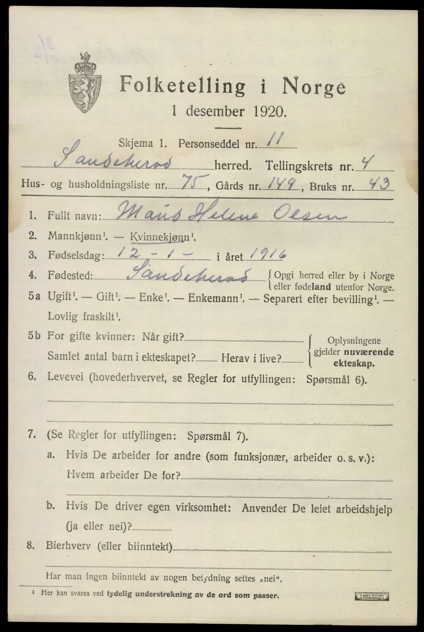 SAKO, 1920 census for Sandeherred, 1920, p. 7462