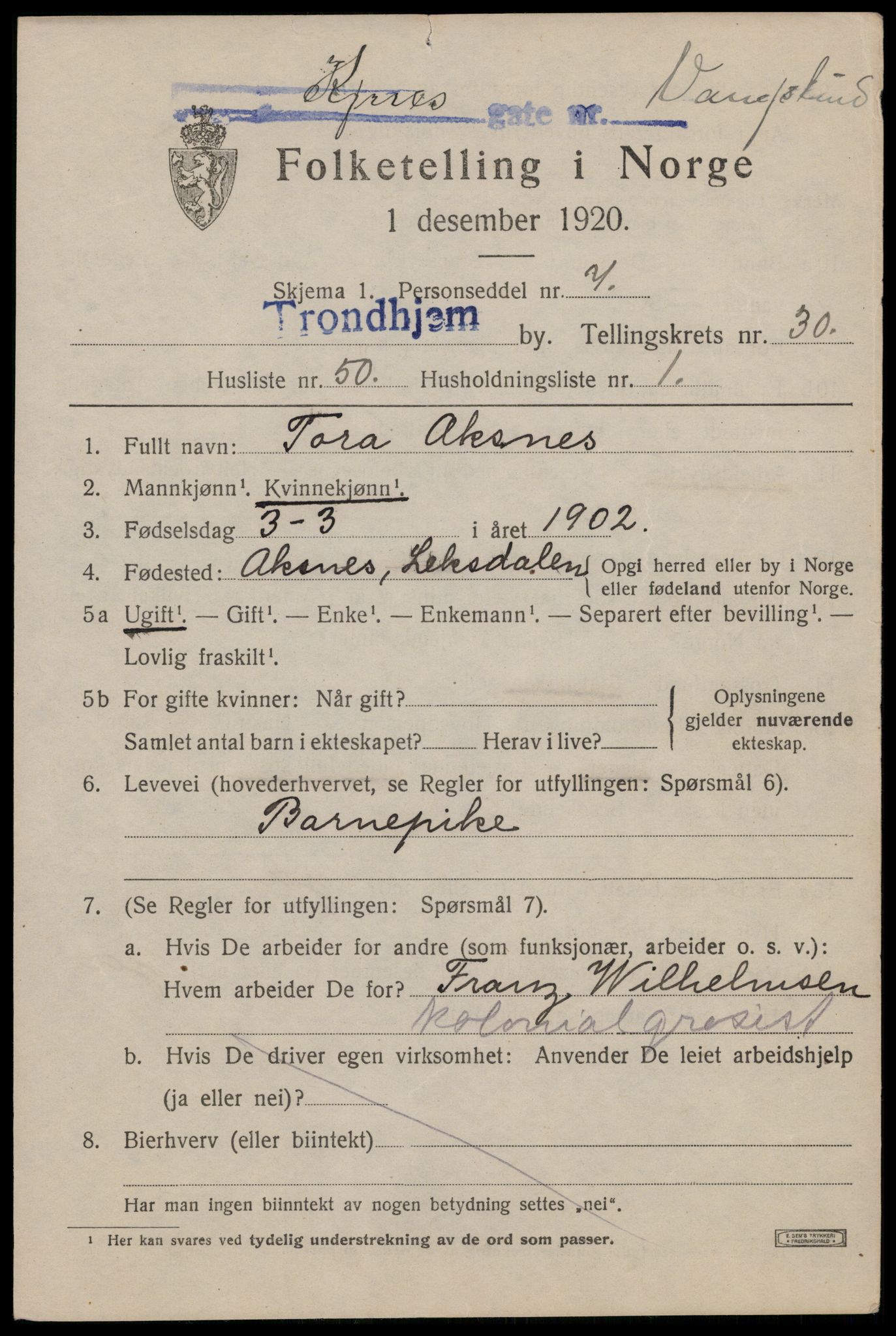 SAT, 1920 census for Trondheim, 1920, p. 76172