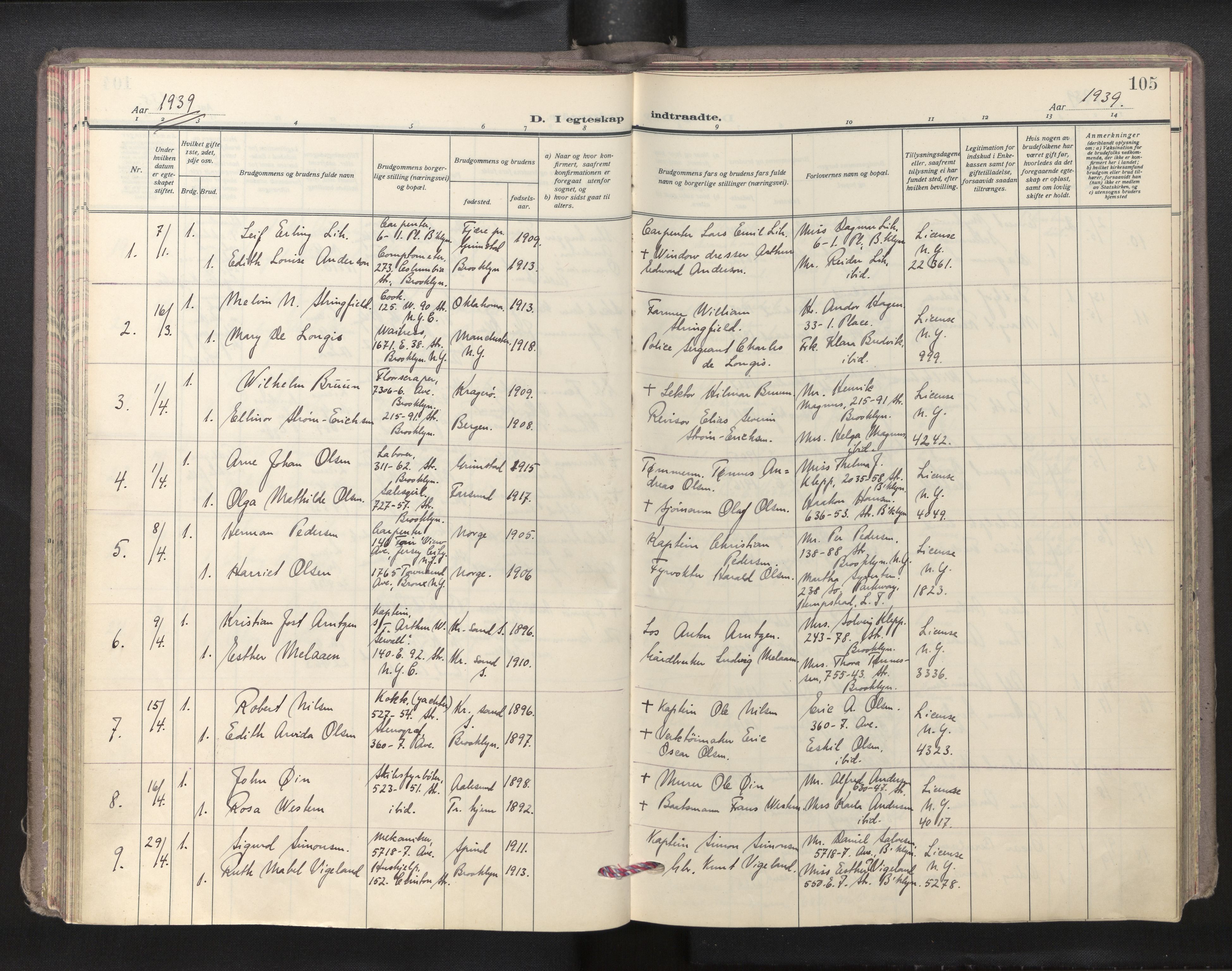 Den norske sjømannsmisjon i utlandet/New York, SAB/SAB/PA-0110/H/Ha/L0009: Parish register (official) no. A 9, 1935-1945, p. 104b-105a