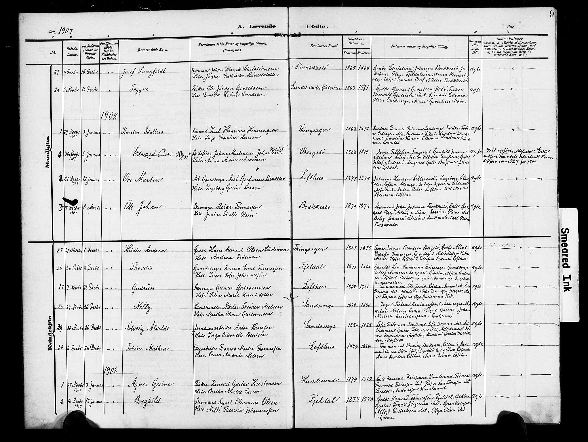 Vestre Moland sokneprestkontor, AV/SAK-1111-0046/F/Fb/Fbb/L0007: Parish register (copy) no. B 7, 1906-1929, p. 9