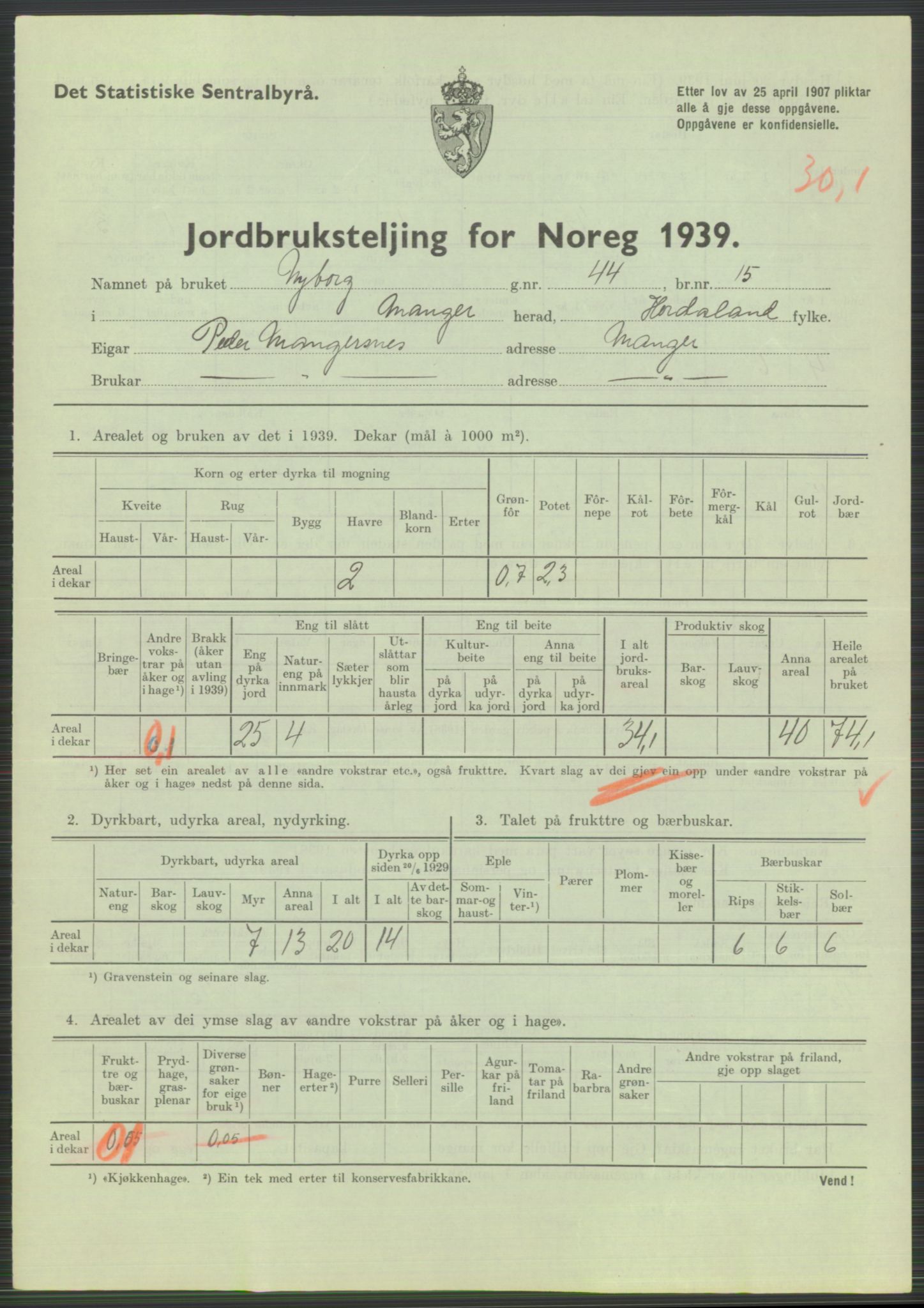 Statistisk sentralbyrå, Næringsøkonomiske emner, Jordbruk, skogbruk, jakt, fiske og fangst, AV/RA-S-2234/G/Gb/L0211: Hordaland: Herdla, Hjelme og Manger, 1939, p. 1619