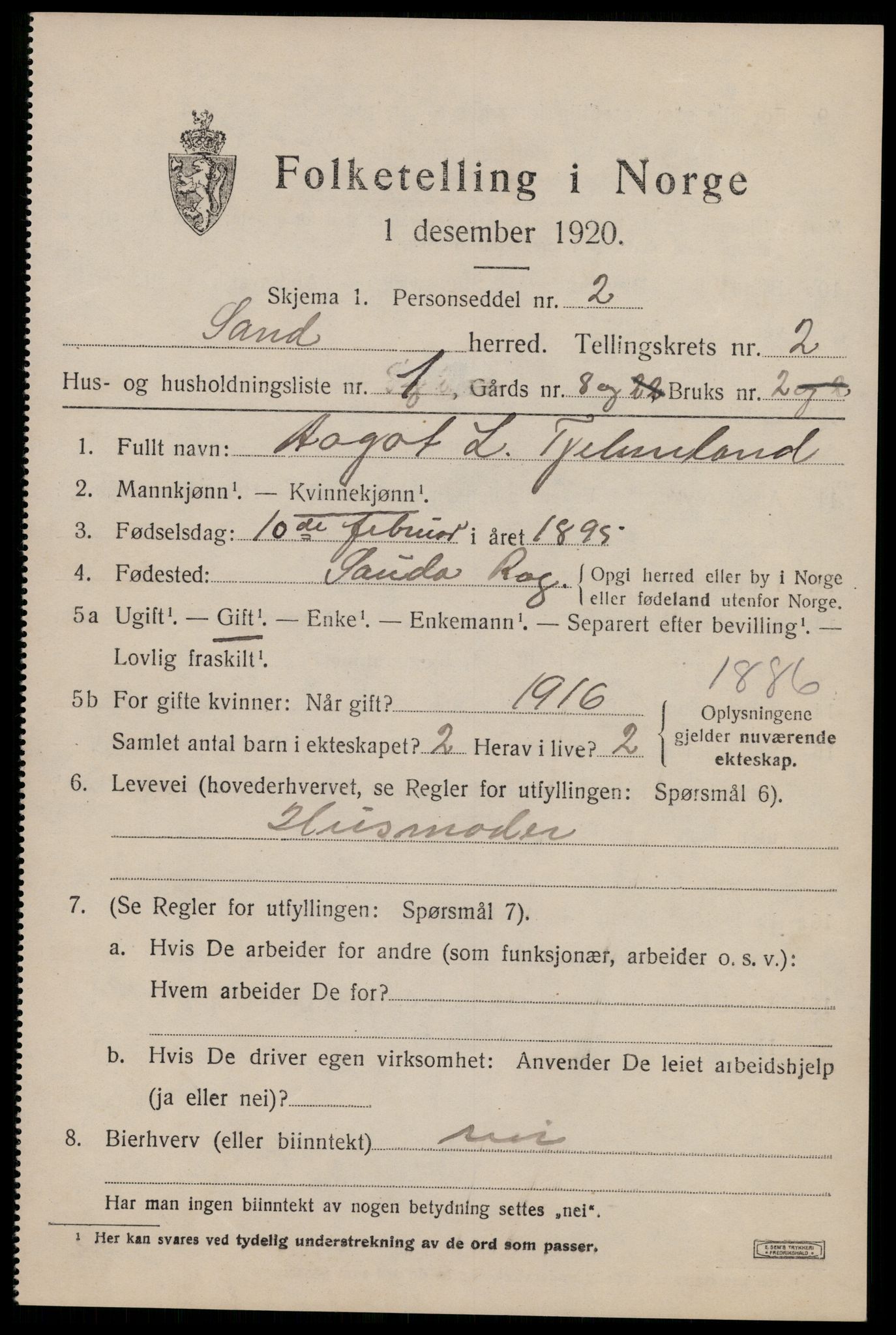 SAST, 1920 census for Sand, 1920, p. 791