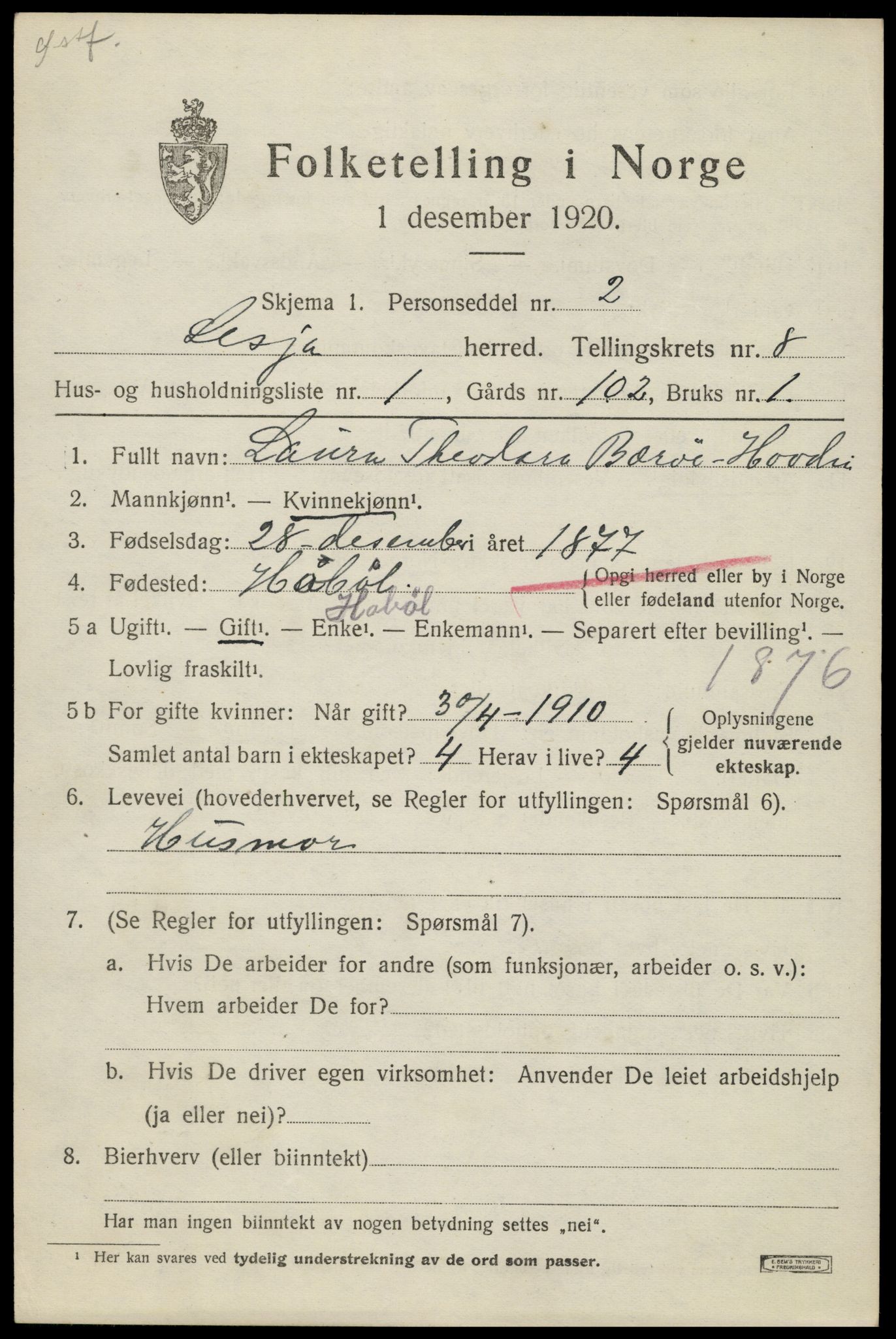 SAH, 1920 census for Lesja, 1920, p. 4708