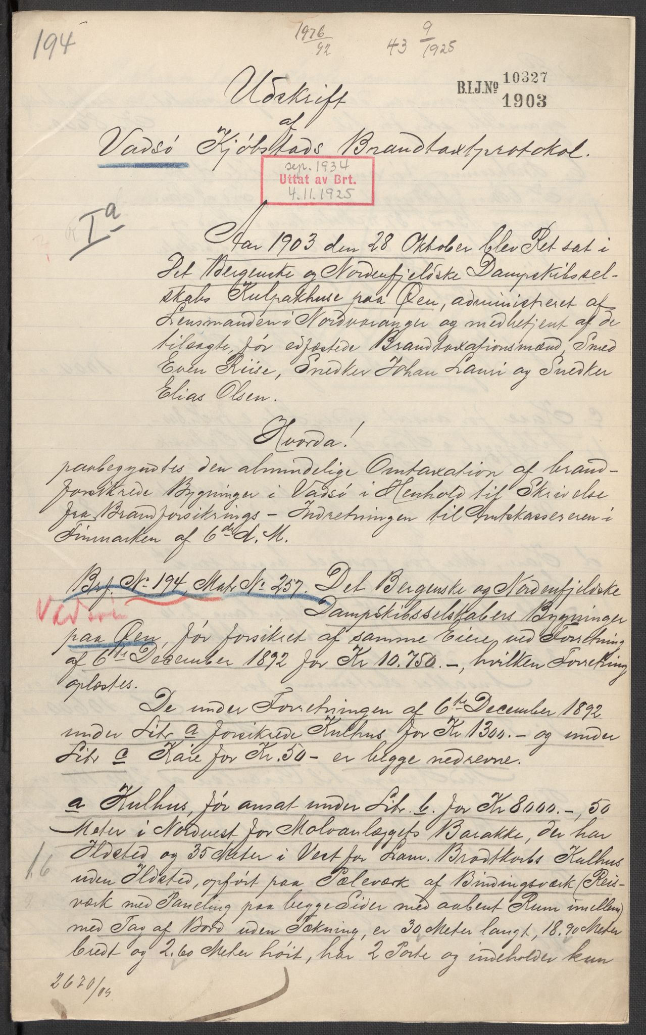 Norges Brannkasse, AV/RA-S-1549/E/Eu/L0011: Branntakster for Vadsø by, 1868-1934, p. 245