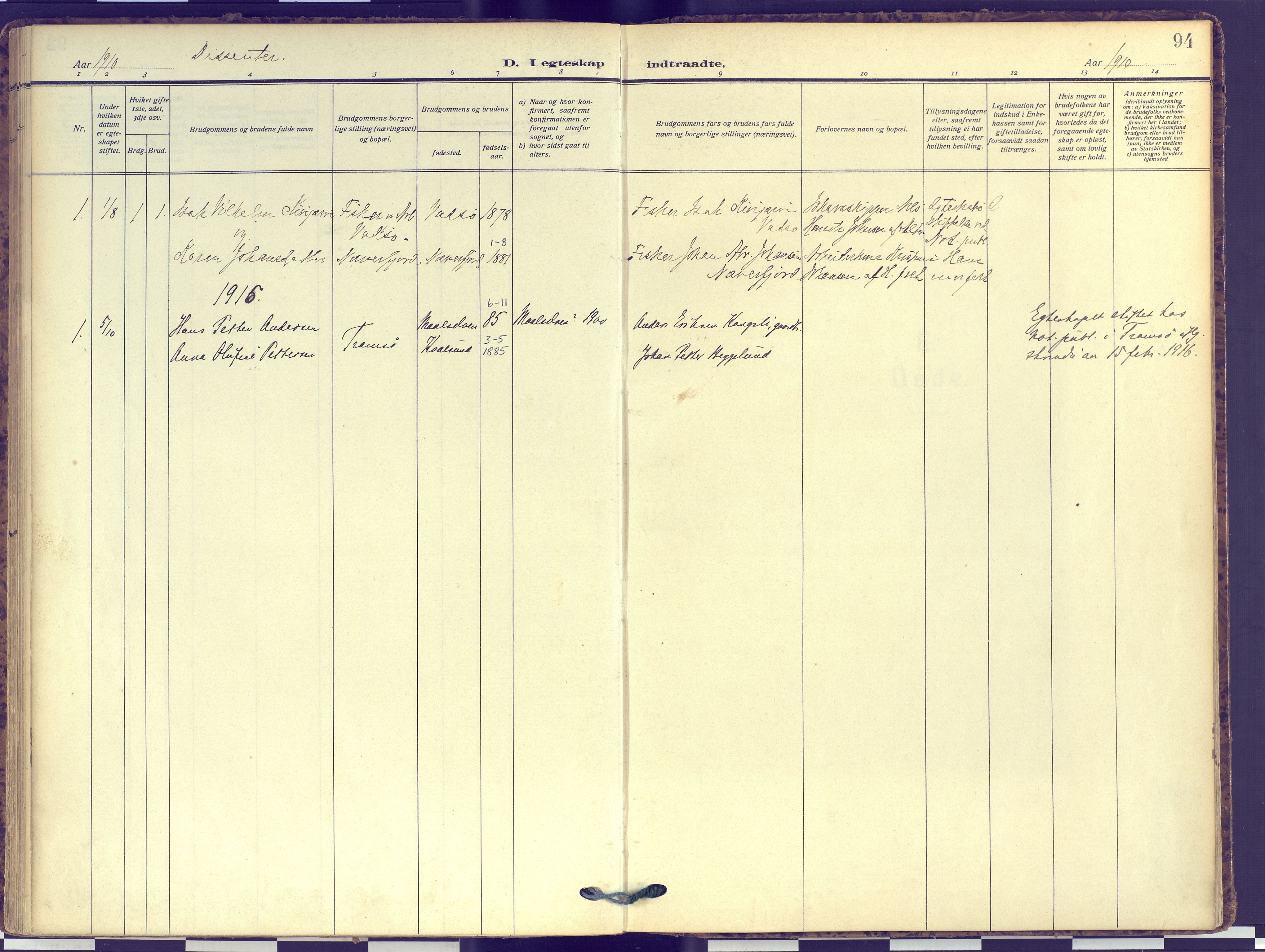 Hammerfest sokneprestkontor, AV/SATØ-S-1347/H/Ha/L0016.kirke: Parish register (official) no. 16, 1908-1923, p. 94