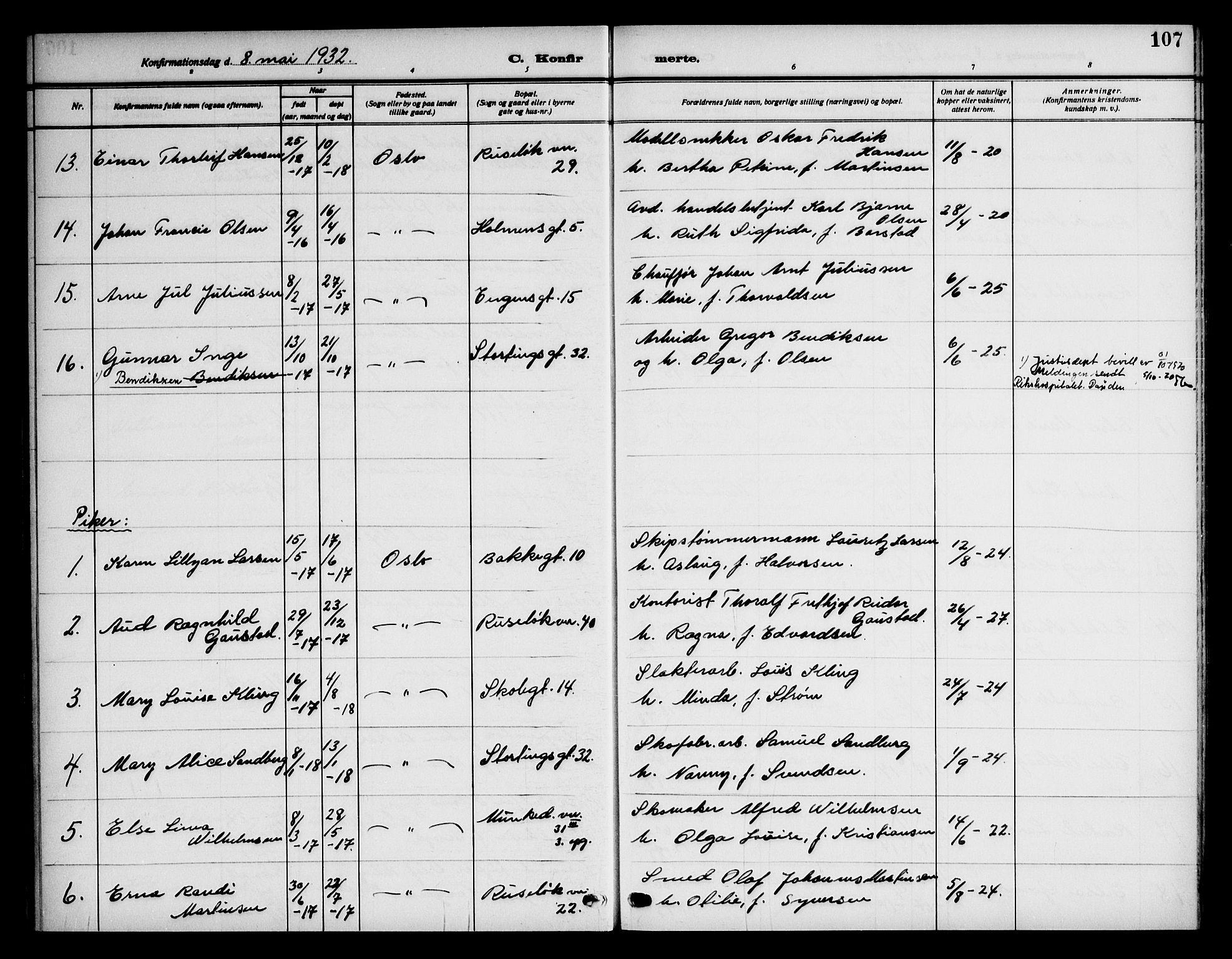 Piperviken prestekontor Kirkebøker, SAO/A-10874/F/L0001: Parish register (official) no. 1, 1911-1958, p. 107