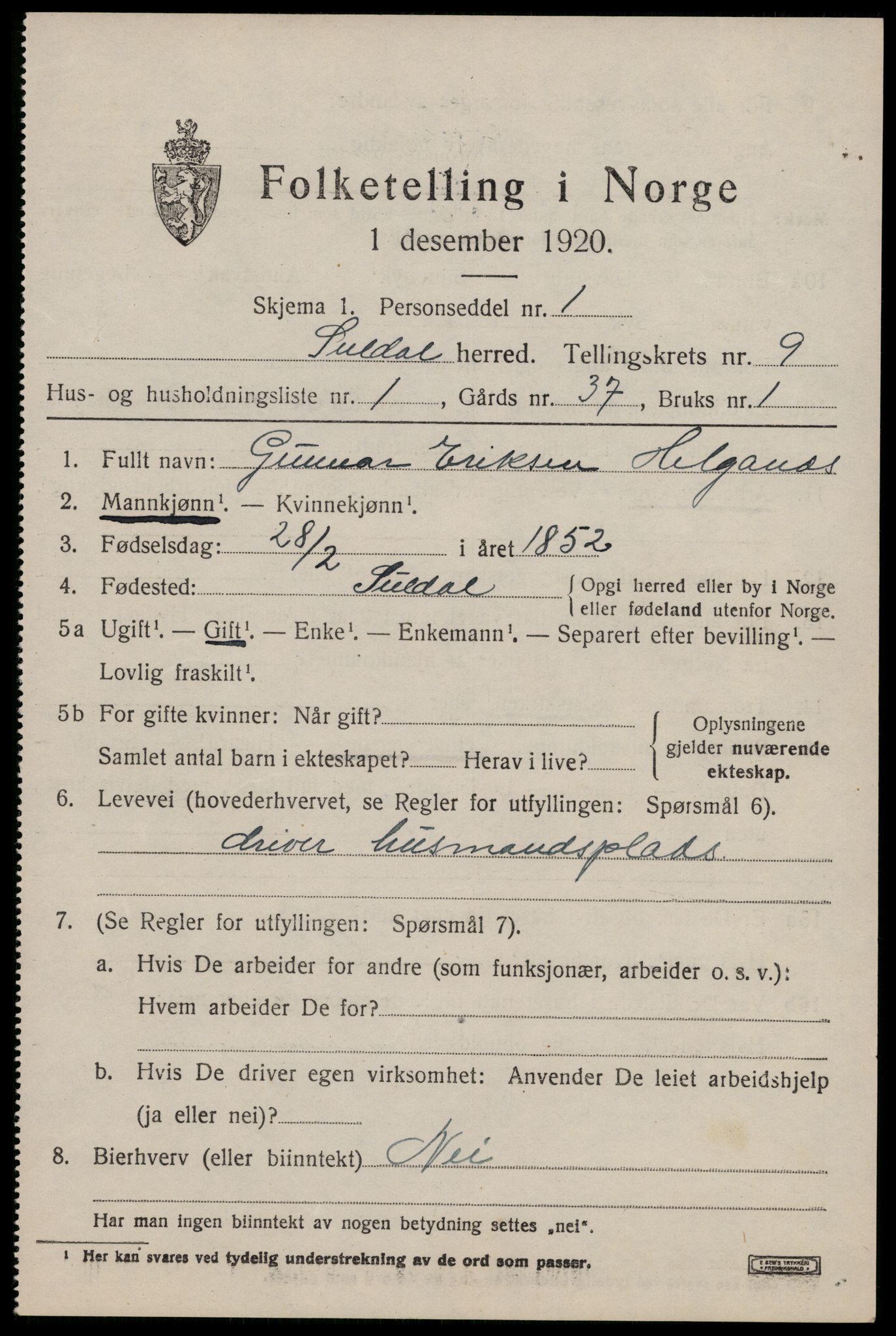 SAST, 1920 census for Suldal, 1920, p. 2146