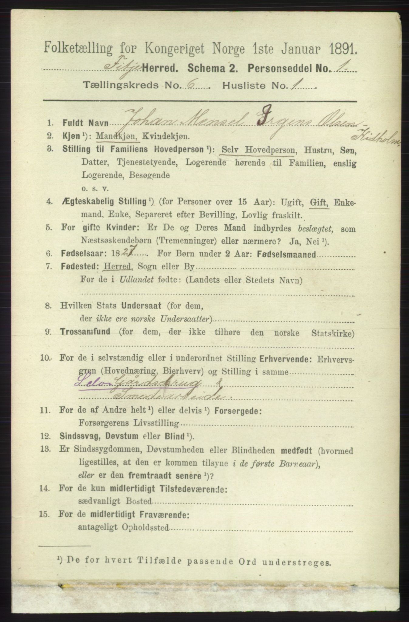 RA, 1891 census for 1222 Fitjar, 1891, p. 2381