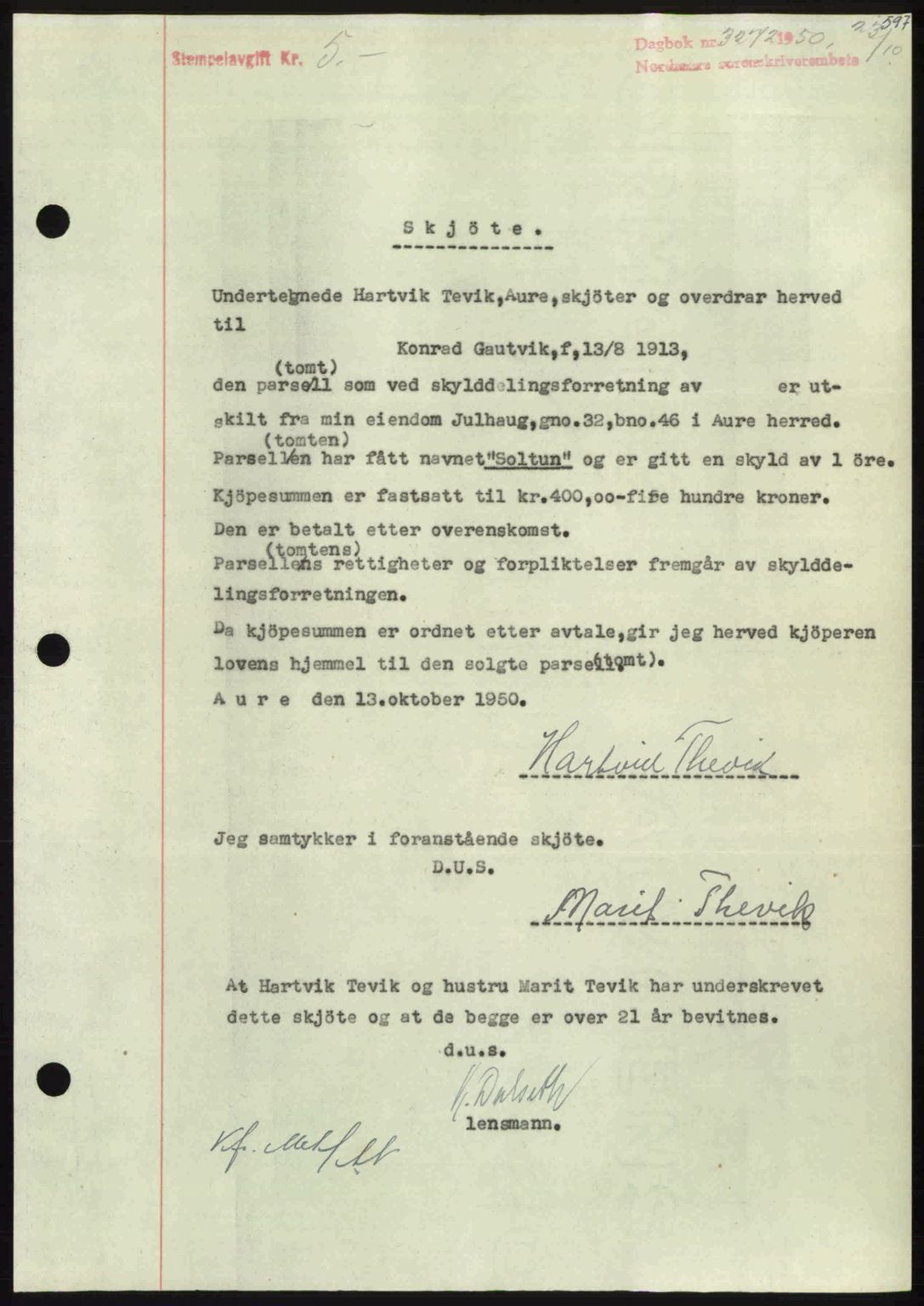 Nordmøre sorenskriveri, AV/SAT-A-4132/1/2/2Ca: Mortgage book no. A116, 1950-1950, Diary no: : 3272/1950