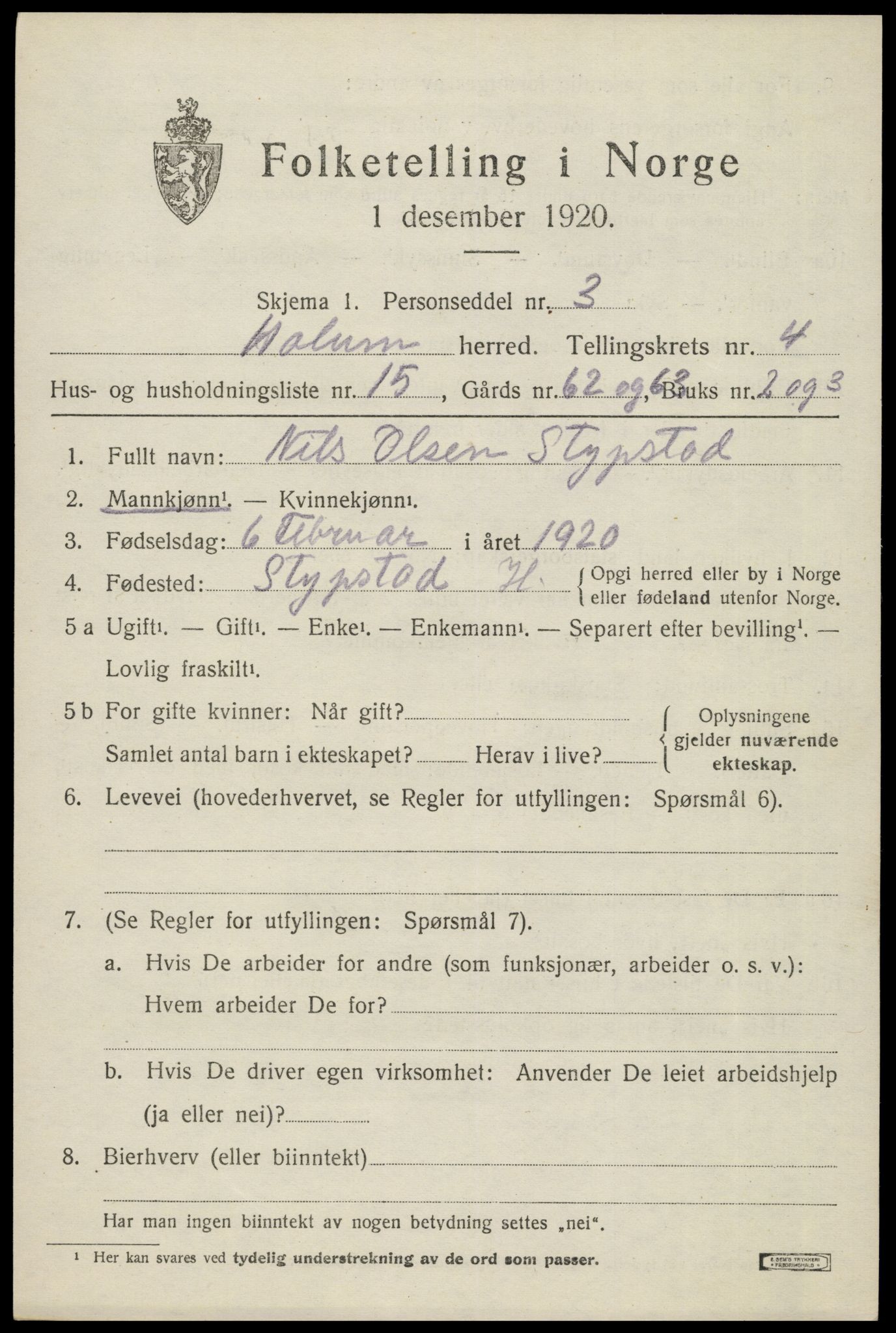 SAK, 1920 census for Holum, 1920, p. 2083