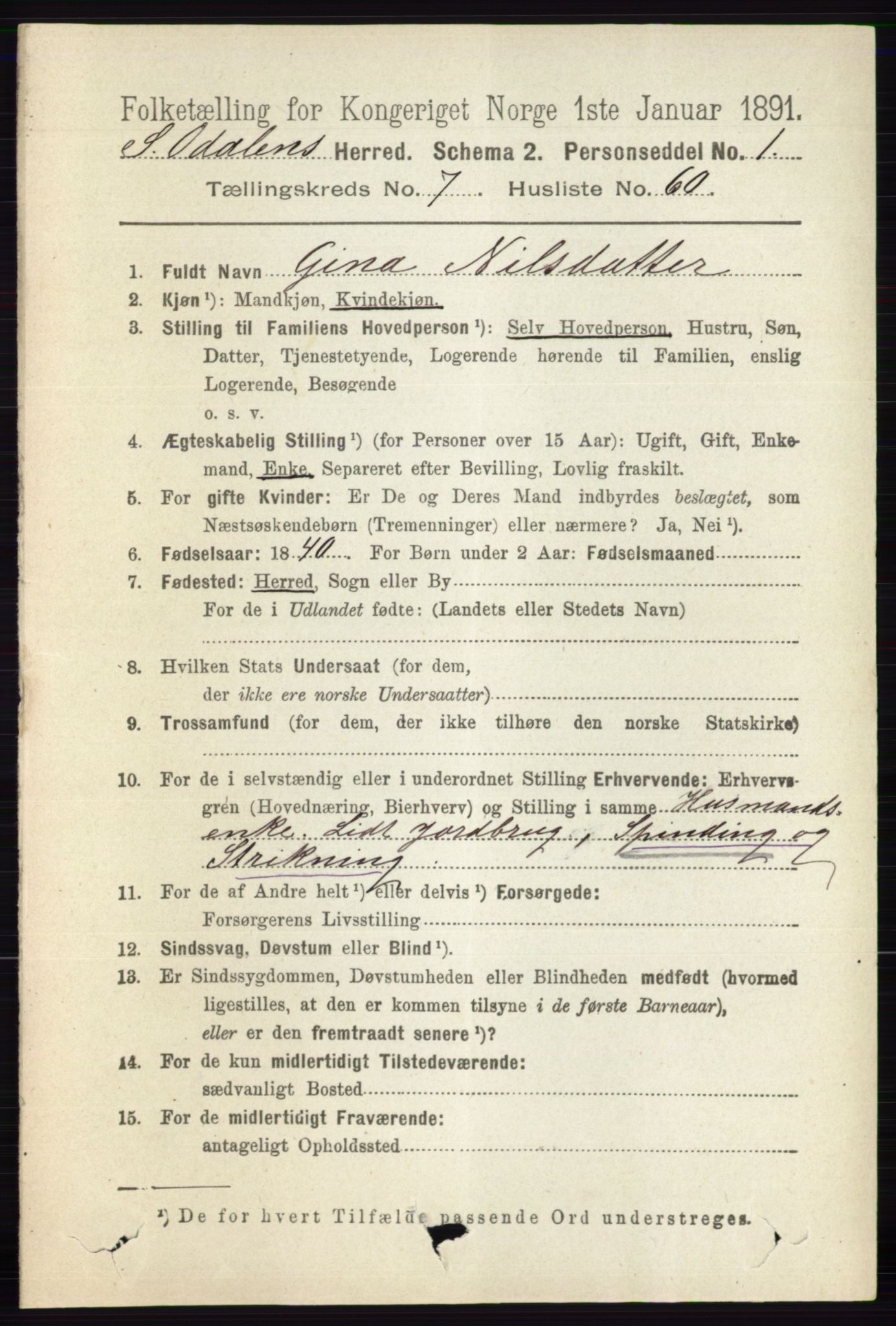 RA, 1891 census for 0419 Sør-Odal, 1891, p. 3957