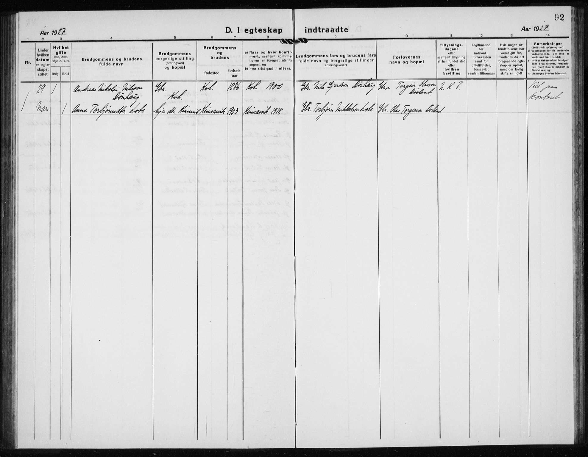 Kvinnherad sokneprestembete, SAB/A-76401/H/Haa: Parish register (official) no. G  1, 1920-1927, p. 92