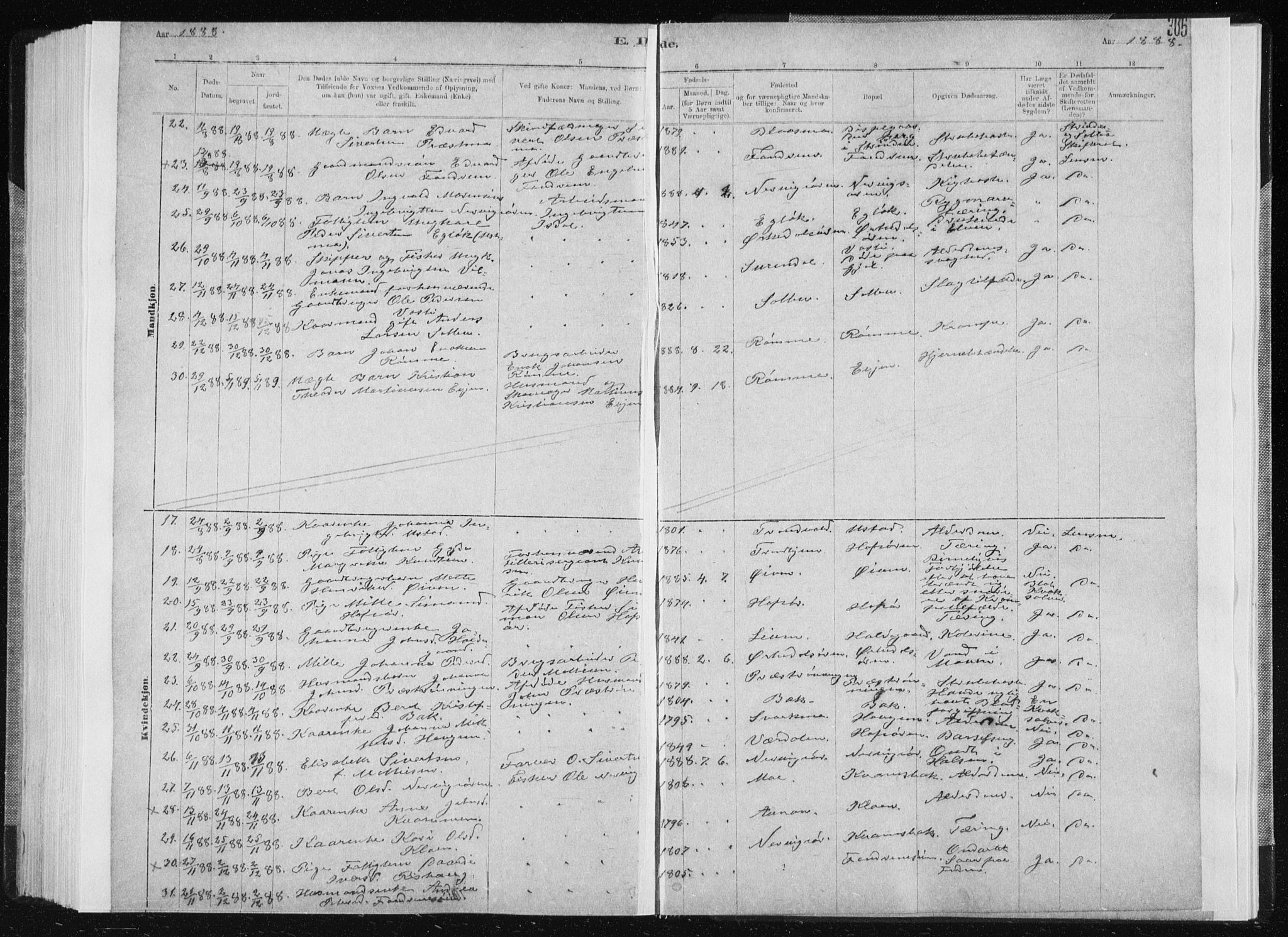 Ministerialprotokoller, klokkerbøker og fødselsregistre - Sør-Trøndelag, SAT/A-1456/668/L0818: Parish register (copy) no. 668C07, 1885-1898, p. 305