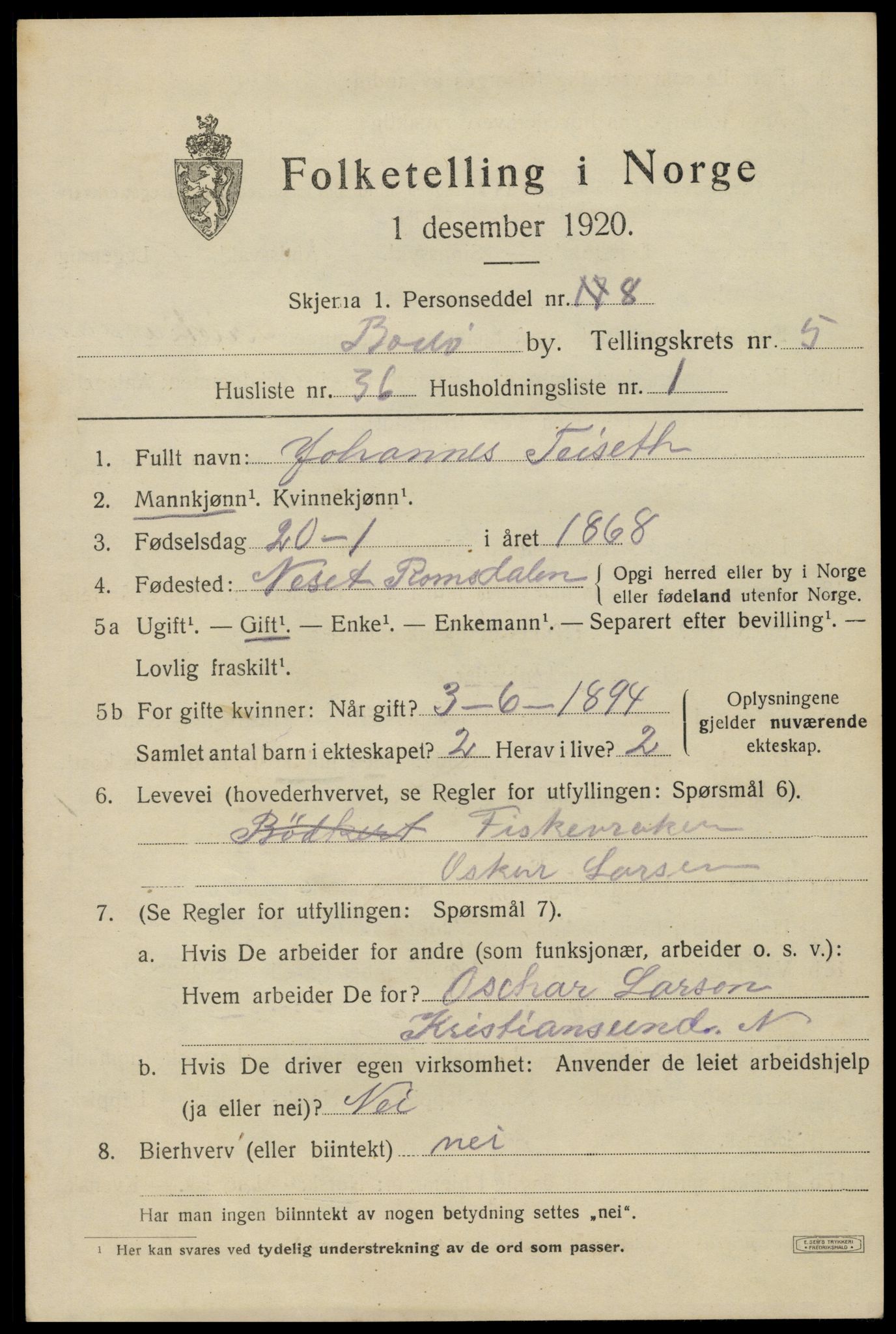 SAT, 1920 census for Bodø, 1920, p. 9299