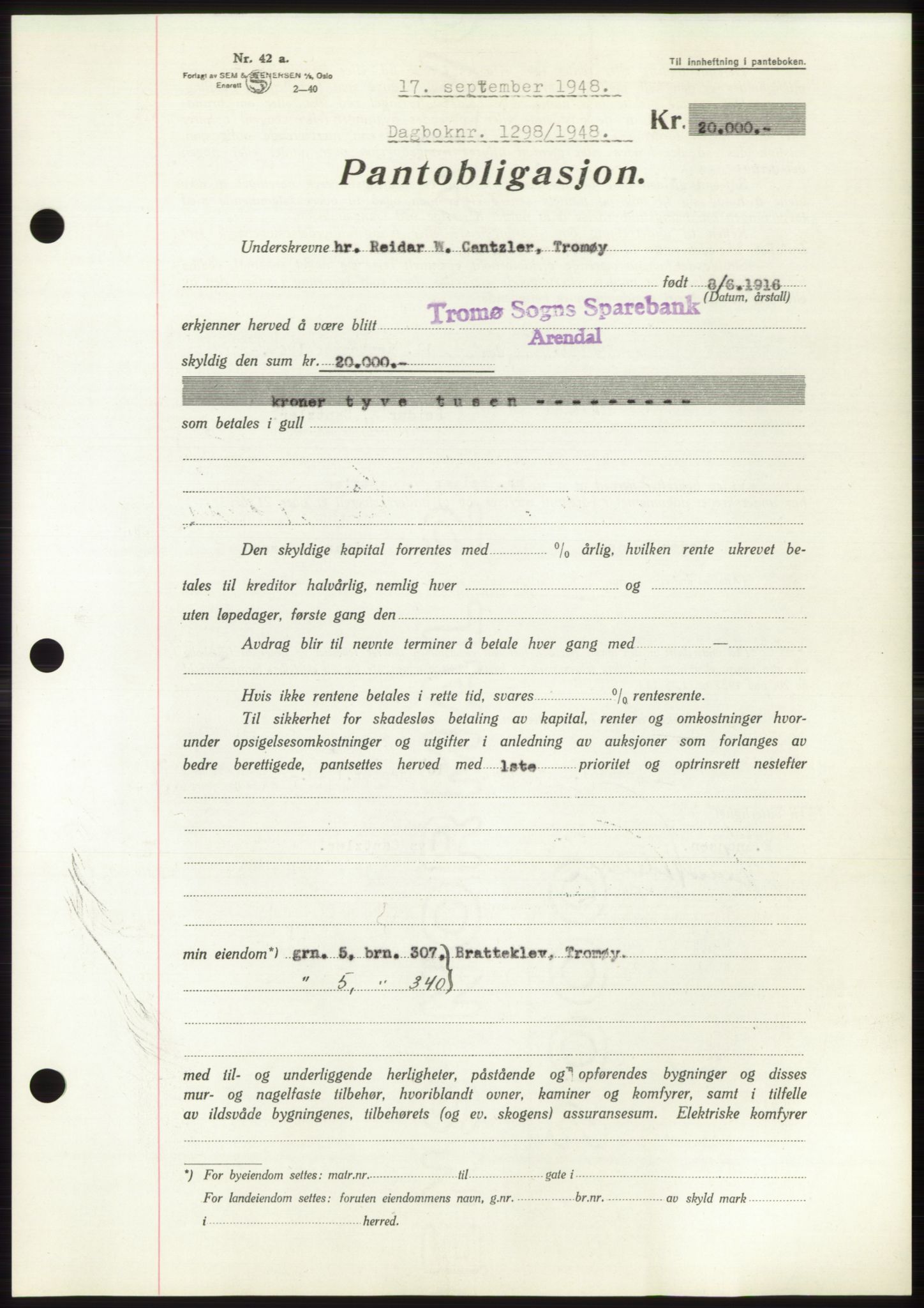 Nedenes sorenskriveri, AV/SAK-1221-0006/G/Gb/Gbb/L0005: Mortgage book no. B5, 1948-1948, Diary no: : 1298/1948