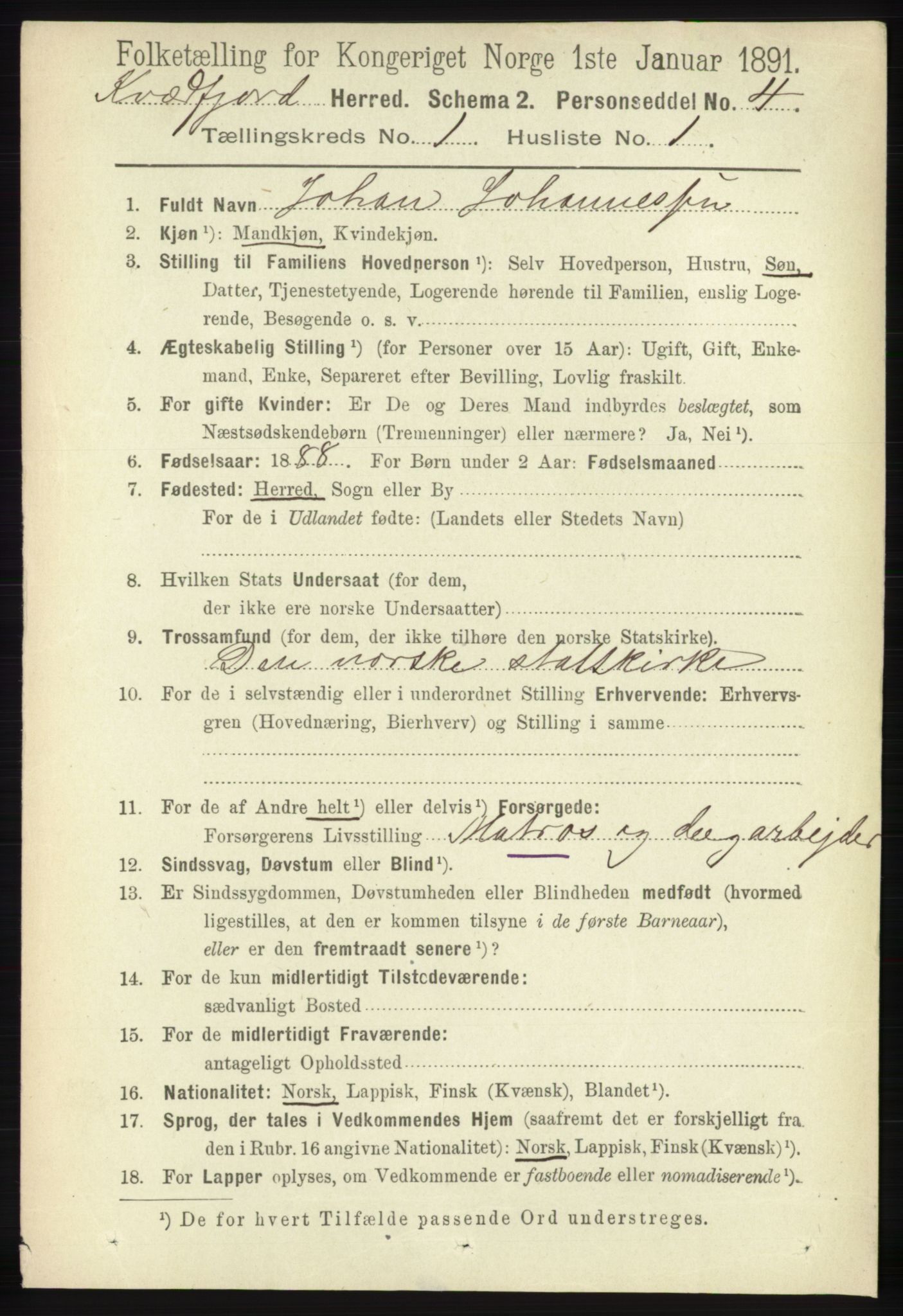 RA, 1891 census for 1911 Kvæfjord, 1891, p. 98