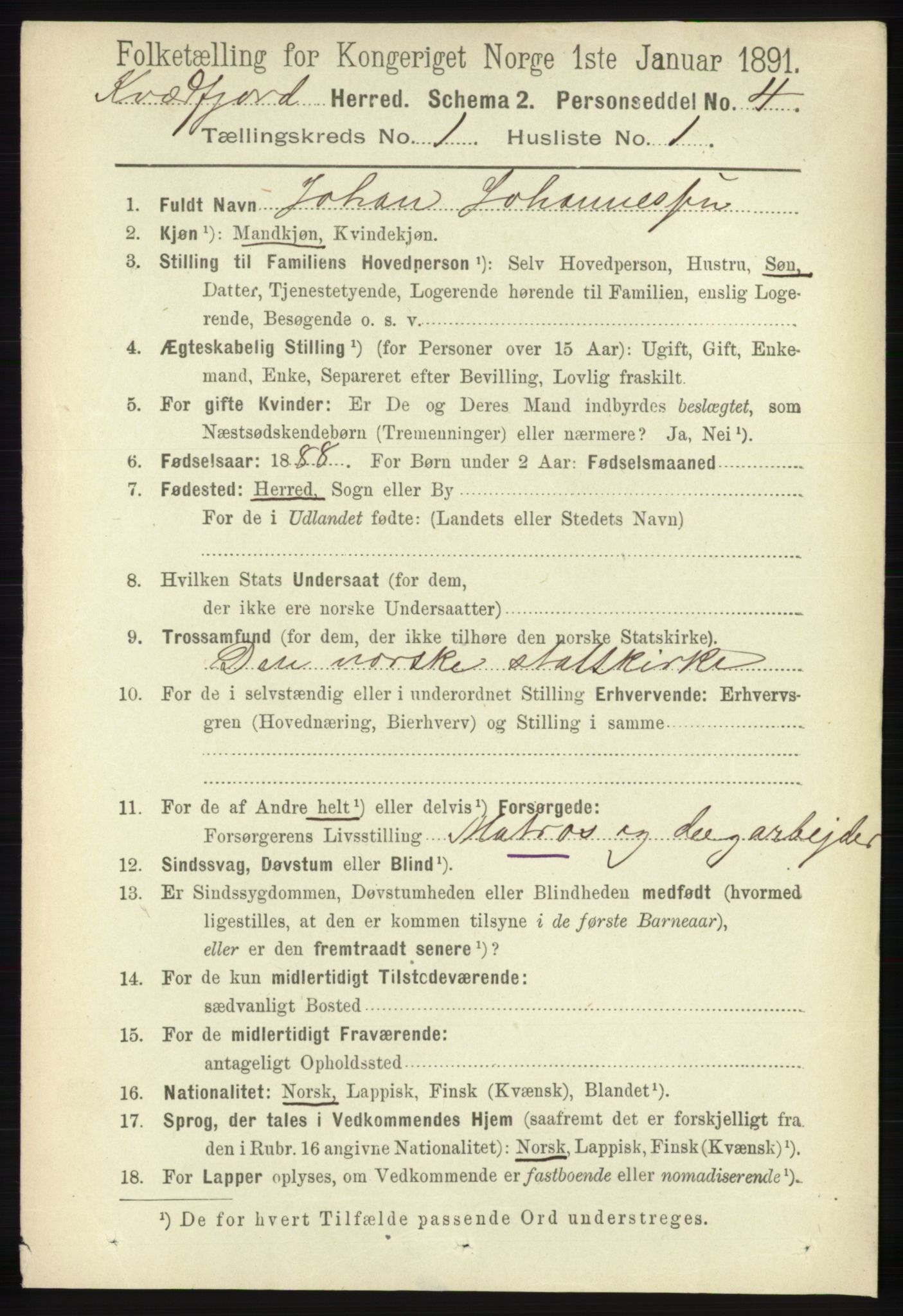 RA, 1891 census for 1911 Kvæfjord, 1891, p. 98