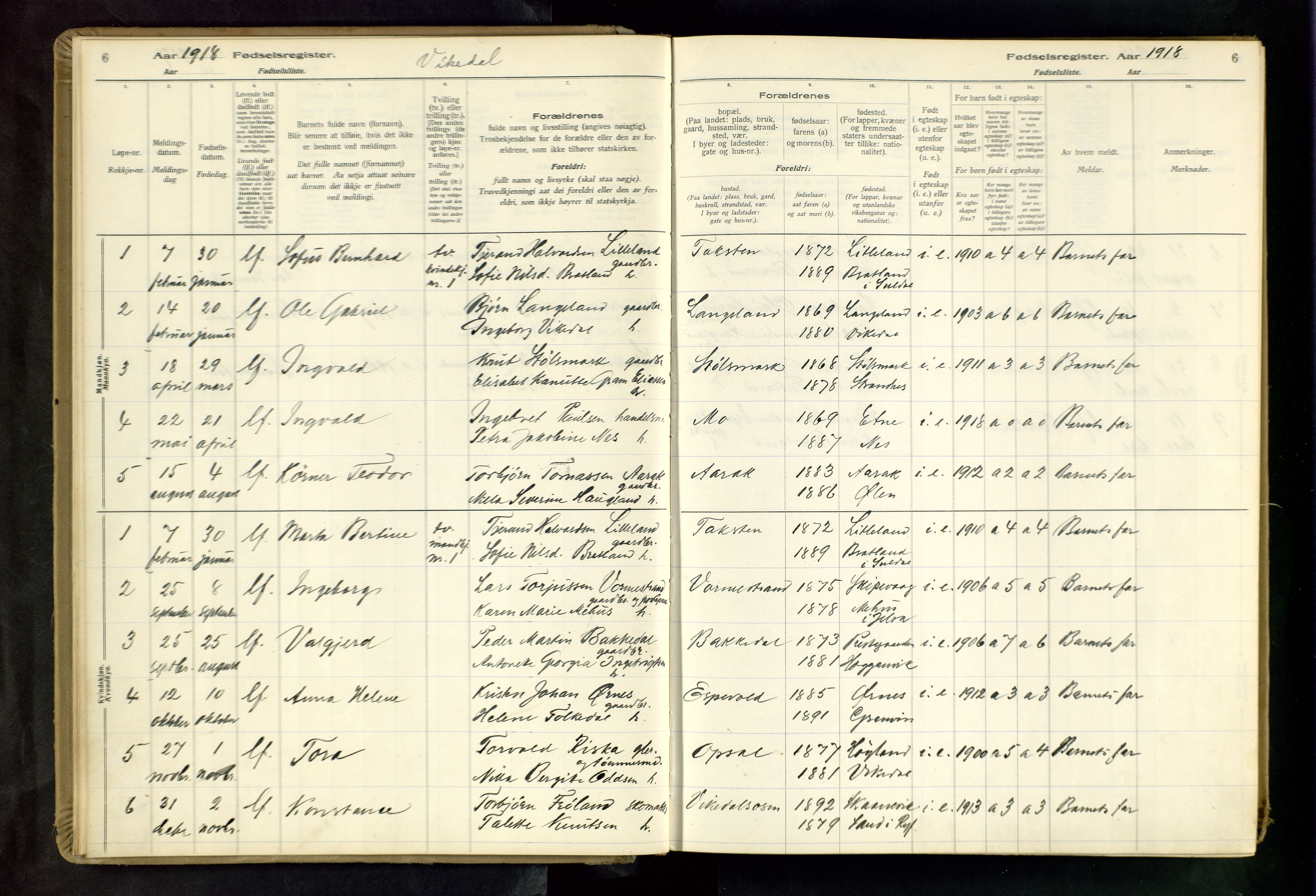 Vikedal sokneprestkontor, SAST/A-101840/01/II: Birth register no. 3, 1916-1982, p. 6