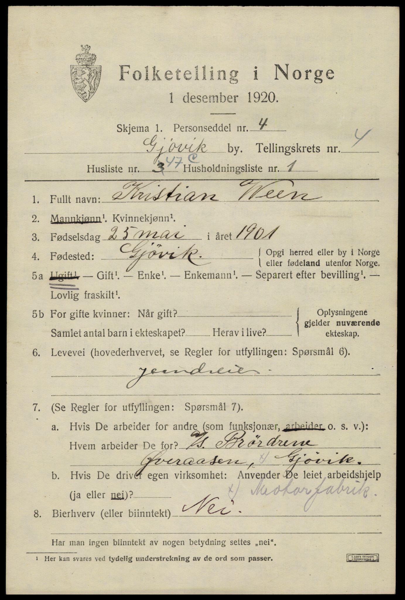 SAH, 1920 census for Gjøvik, 1920, p. 9992