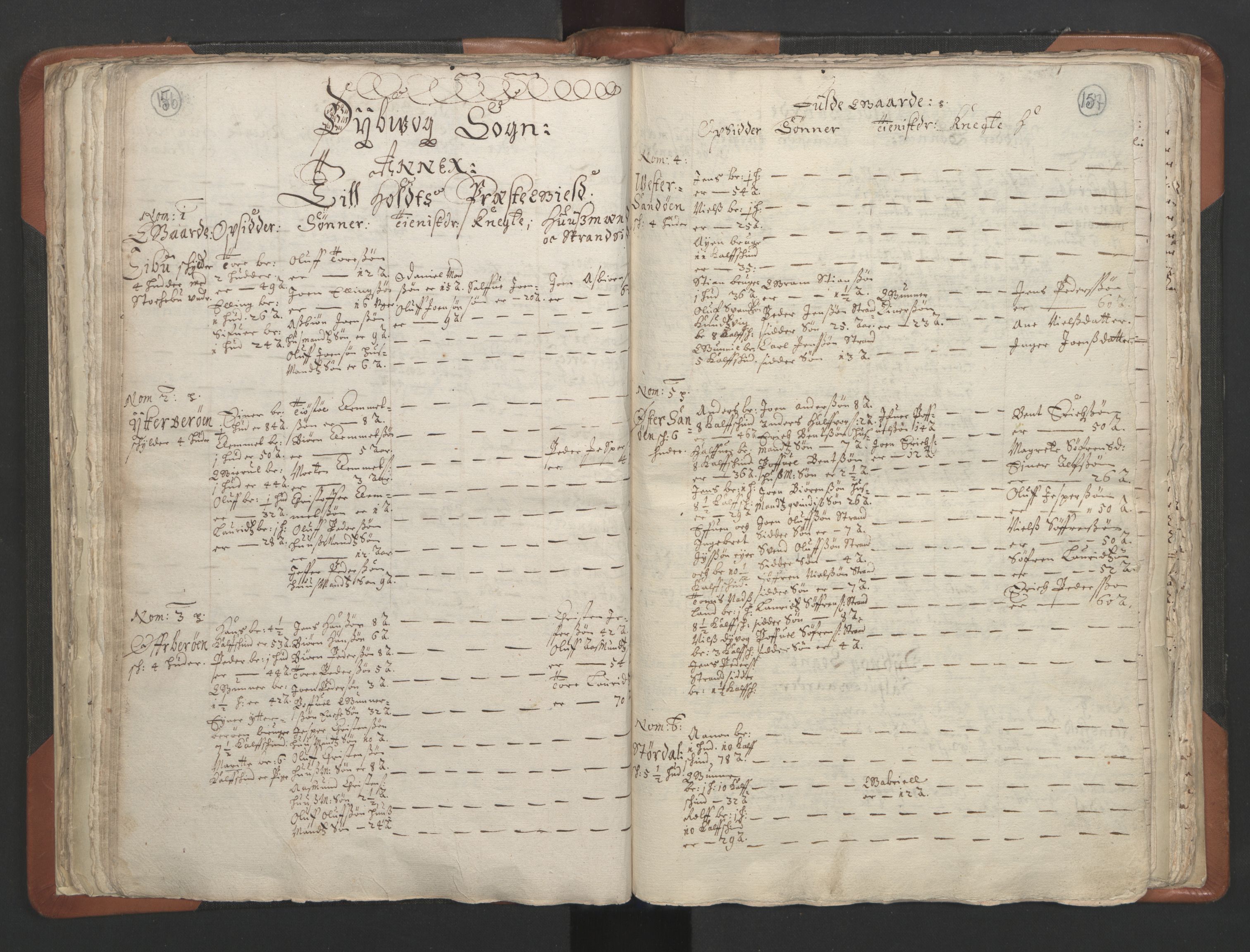 RA, Vicar's Census 1664-1666, no. 13: Nedenes deanery, 1664-1666, p. 156-157