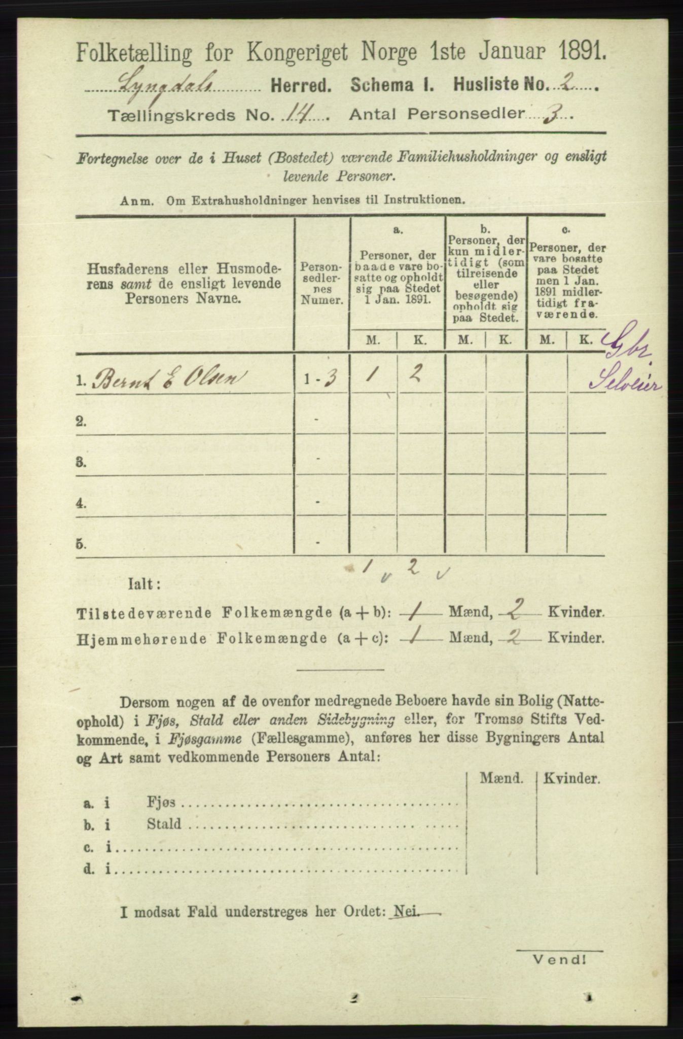 RA, 1891 census for 1032 Lyngdal, 1891, p. 5808