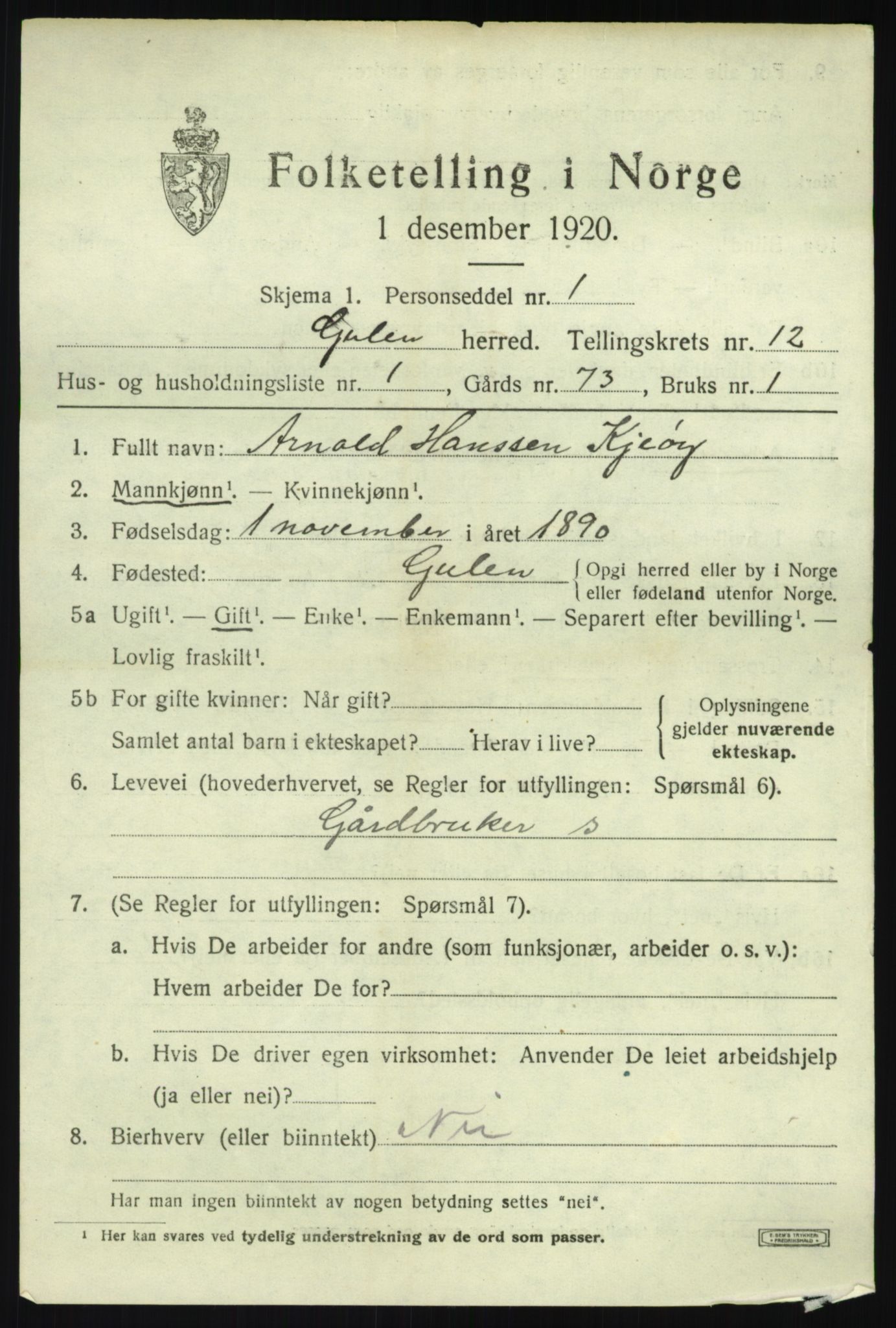 SAB, 1920 census for Gulen, 1920, p. 5401