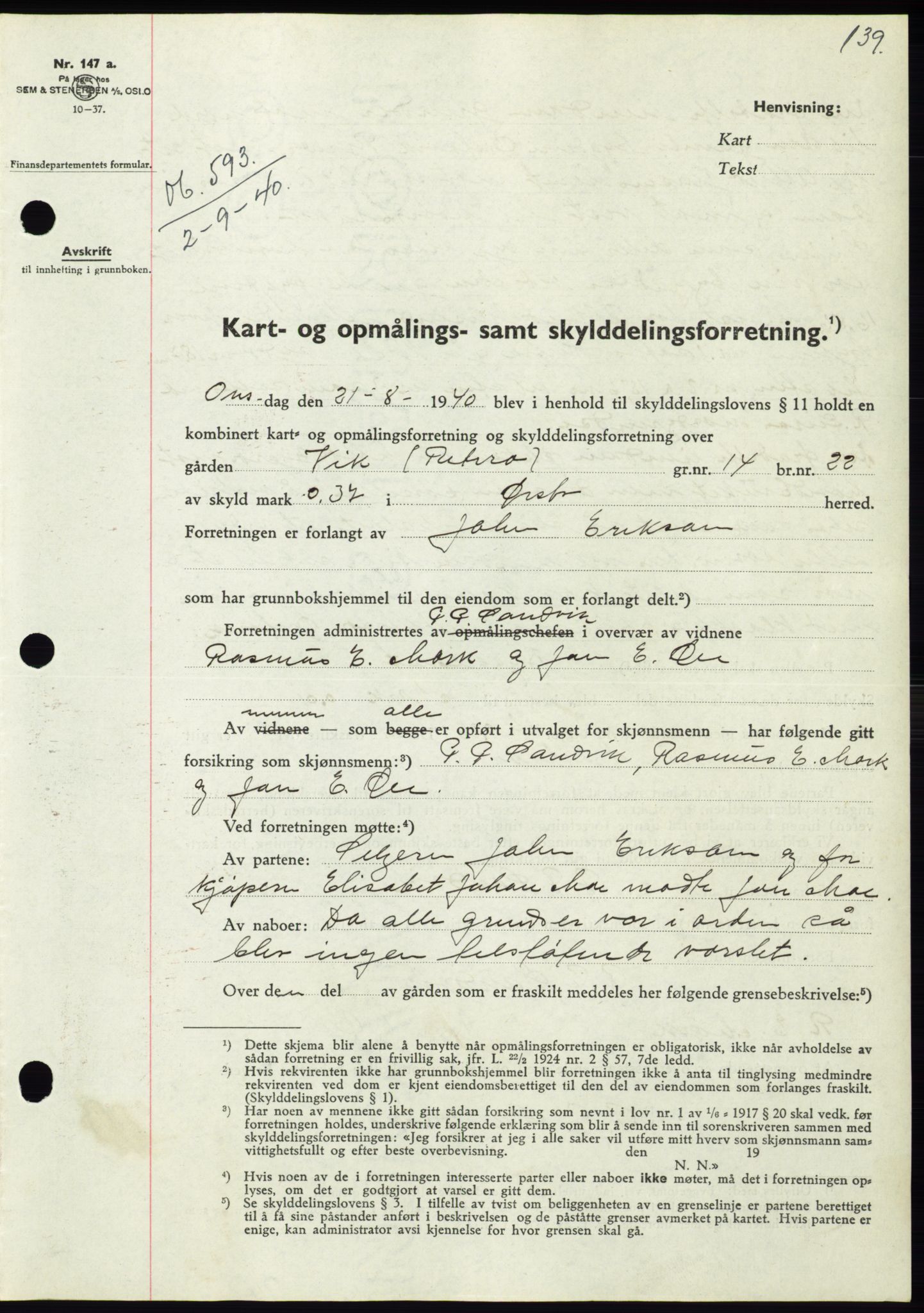 Søre Sunnmøre sorenskriveri, AV/SAT-A-4122/1/2/2C/L0070: Mortgage book no. 64, 1940-1941, Diary no: : 593/1940