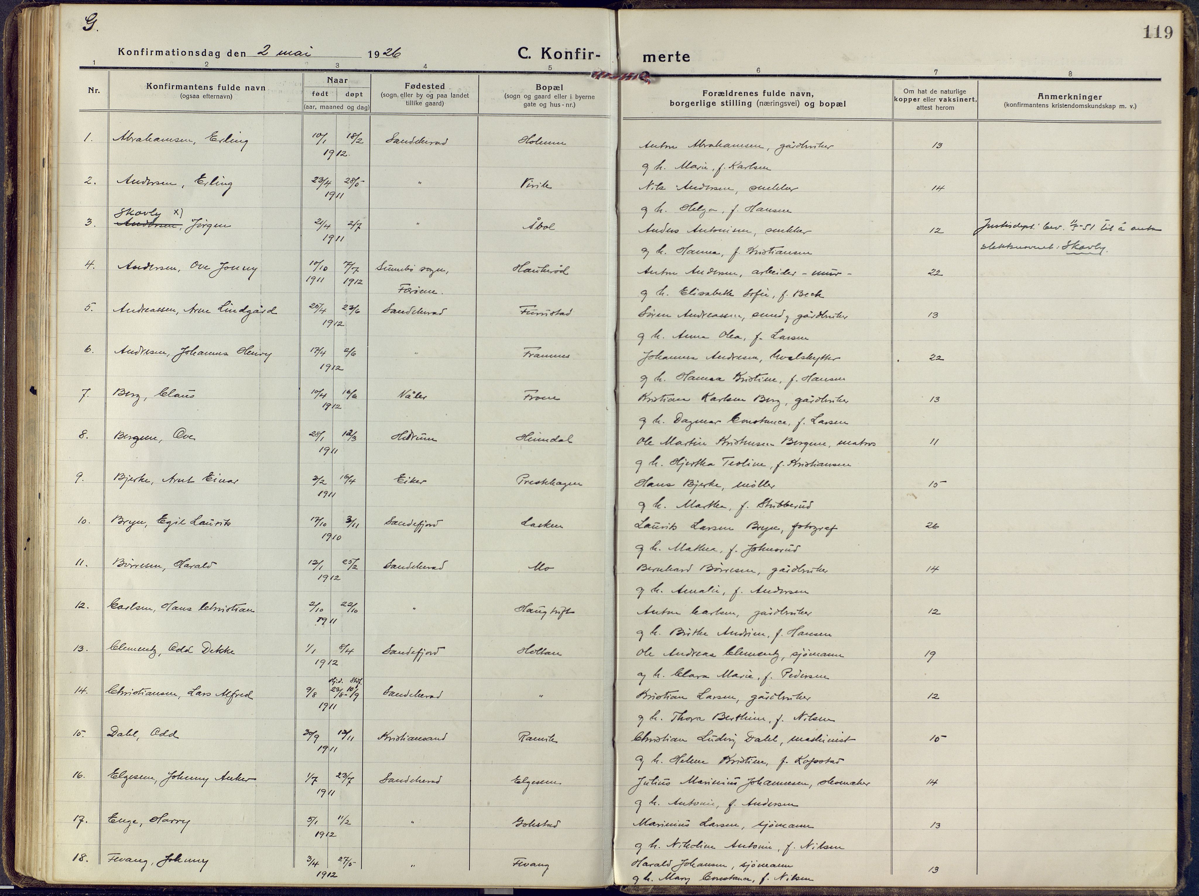 Sandar kirkebøker, AV/SAKO-A-243/F/Fa/L0018: Parish register (official) no. 18, 1917-1926, p. 119